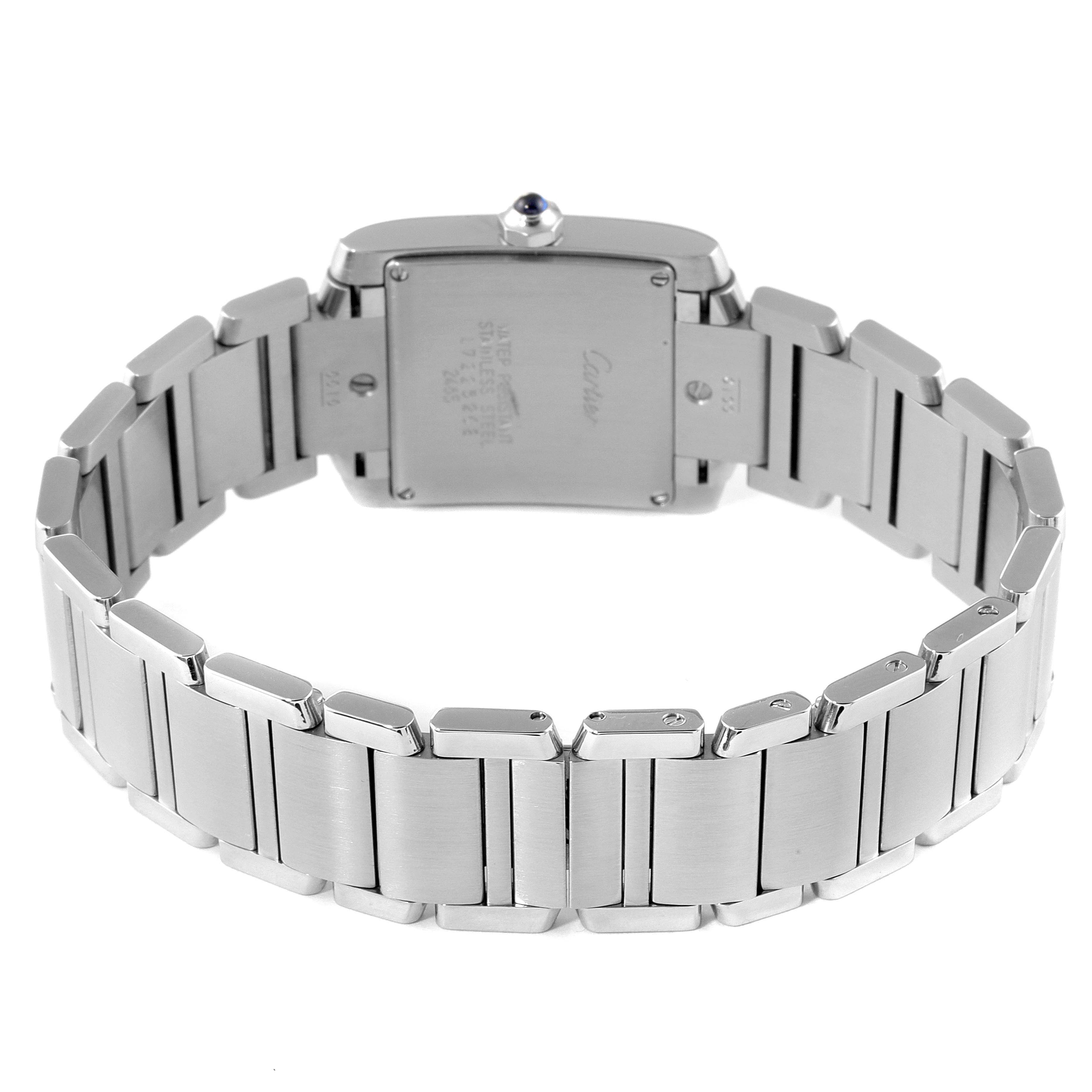 The image shows the back and bracelet of a Cartier Tank Francaise W51011Q3 Women
s Stainless Steel Silver Dial W51011Q3 Women
s Stainless Steel Silver Dial watch, highlighting its stainless steel links and case back.