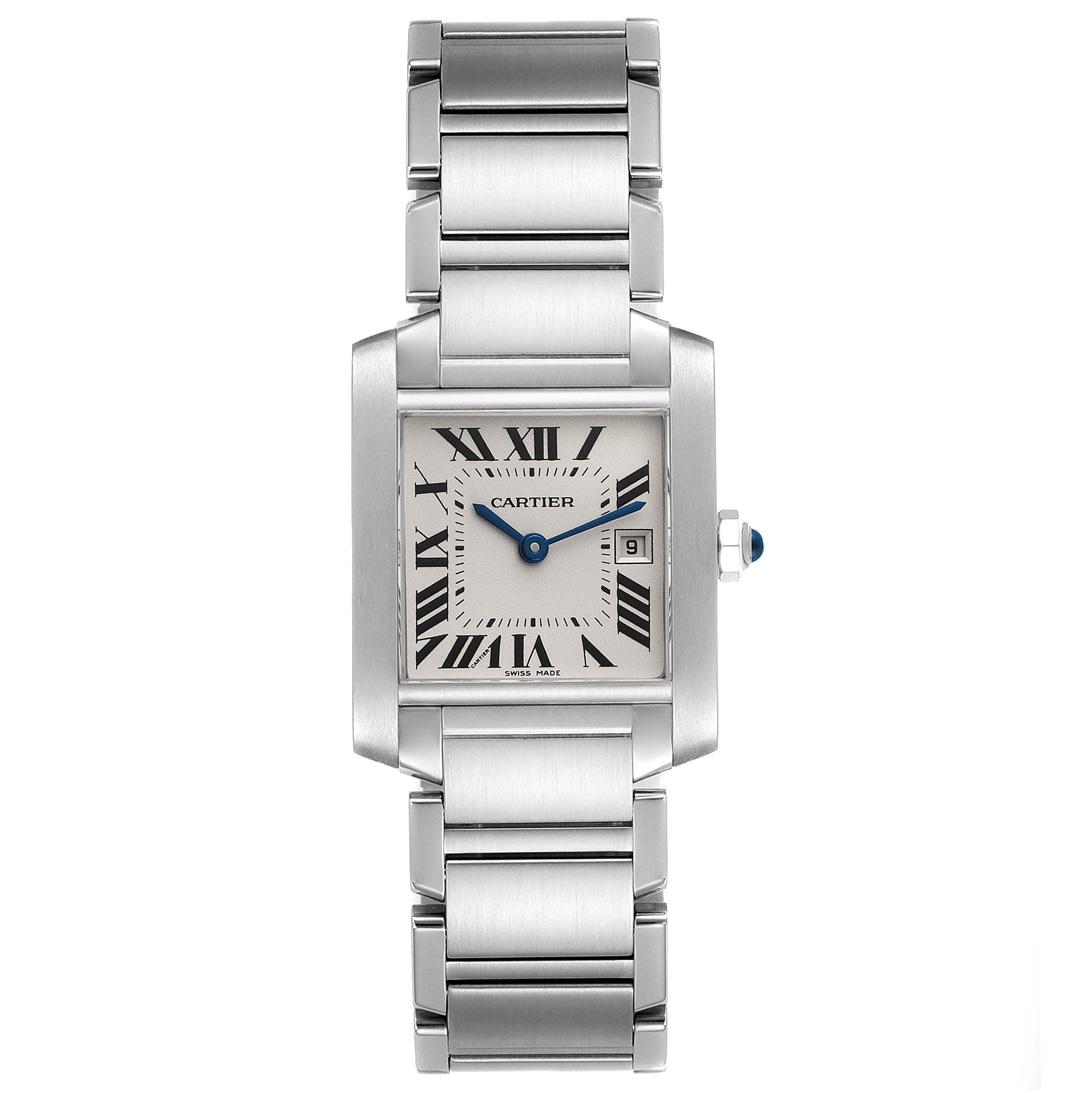 This image shows a front view of a Cartier Tank Française watch, displaying its face, bezel, case, and bracelet.