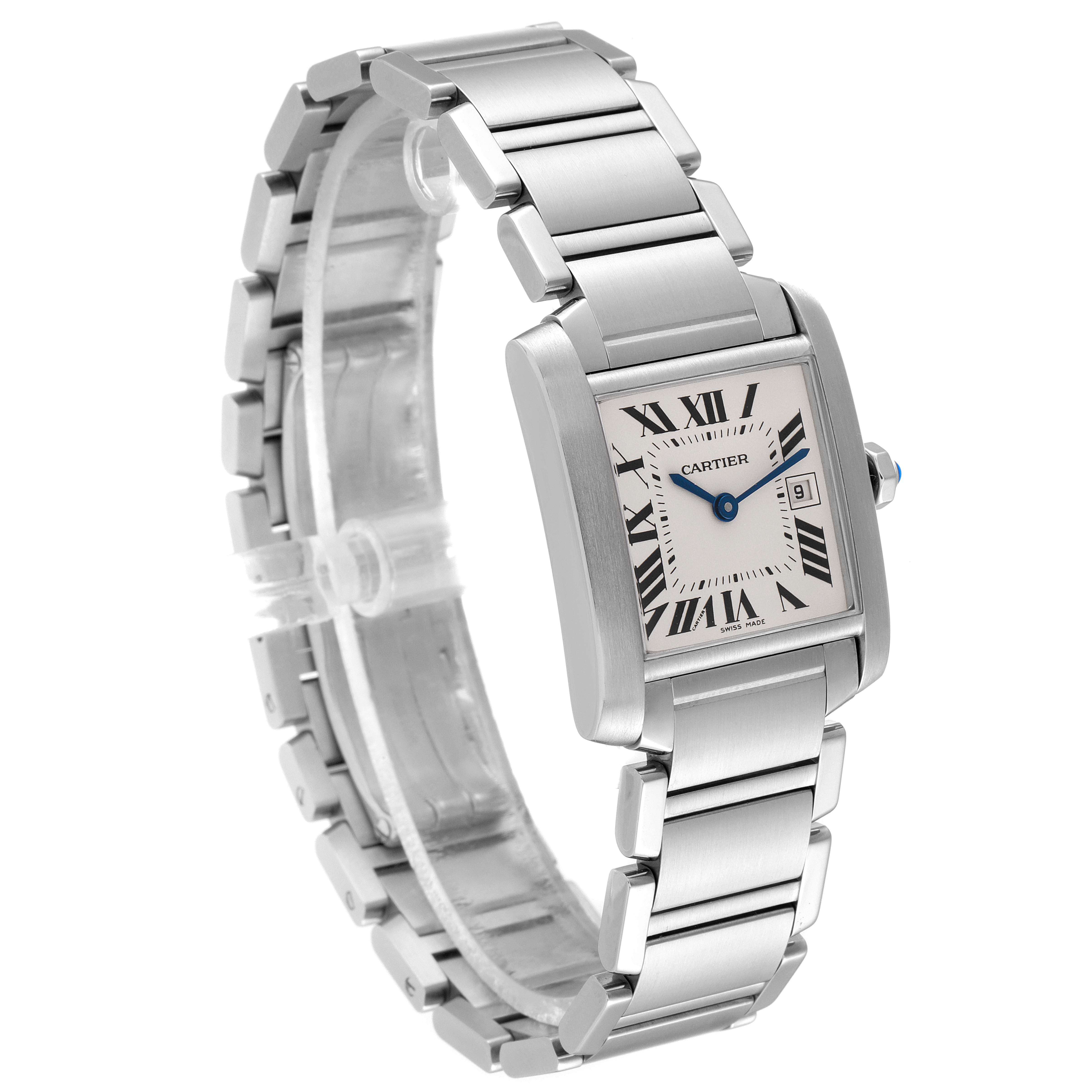 The image displays the Cartier Tank Francaise W51011Q3 Women
s Stainless Steel Silver Dial W51011Q3 Women
s Stainless Steel Silver Dial watch angled to show its bracelet, dial, and side with the crown visible.