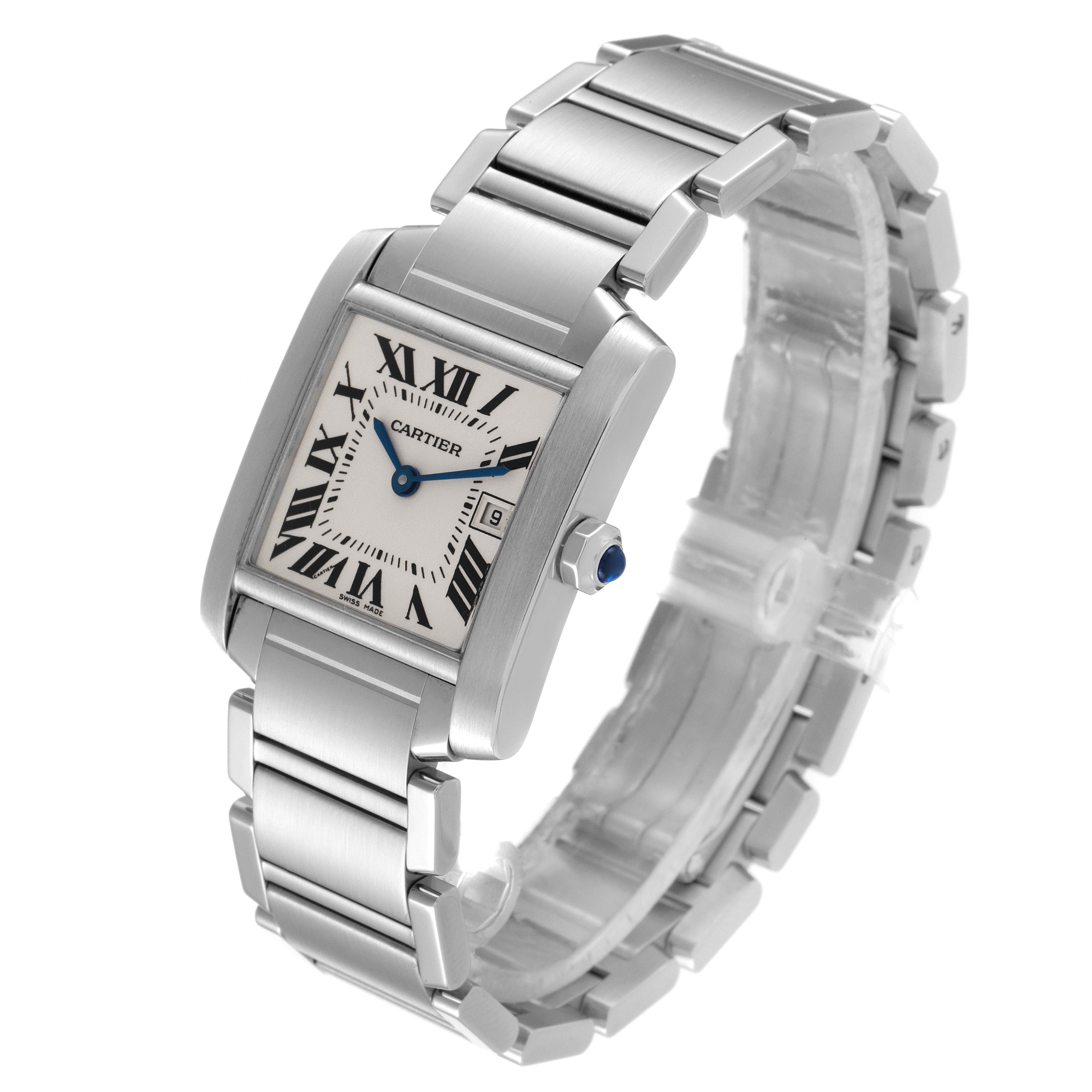 The Cartier Tank Francaise W51011Q3 Women
s Stainless Steel Silver Dial W51011Q3 Women
s Stainless Steel Silver Dial watch is shown at a three-quarter angle, highlighting its face and metal bracelet.