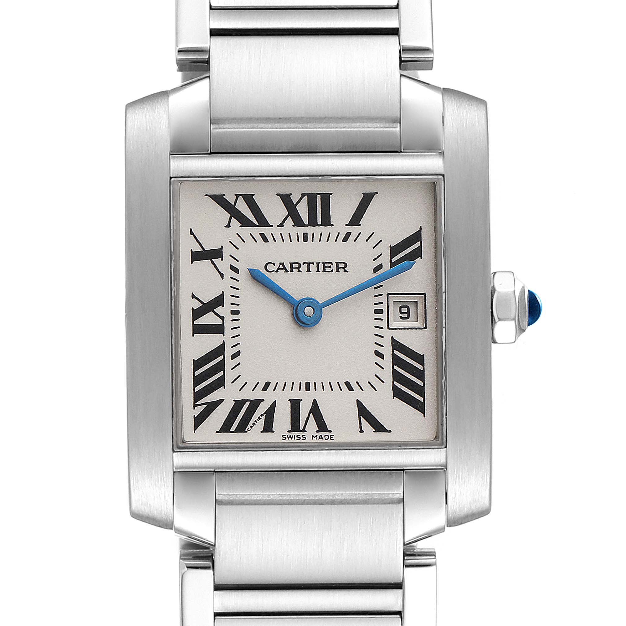 This image shows a front view of the Cartier Tank Francaise W51011Q3 Women
s Stainless Steel Silver Dial W51011Q3 Women
s Stainless Steel Silver Dial watch, highlighting its face, bracelet, and crown.