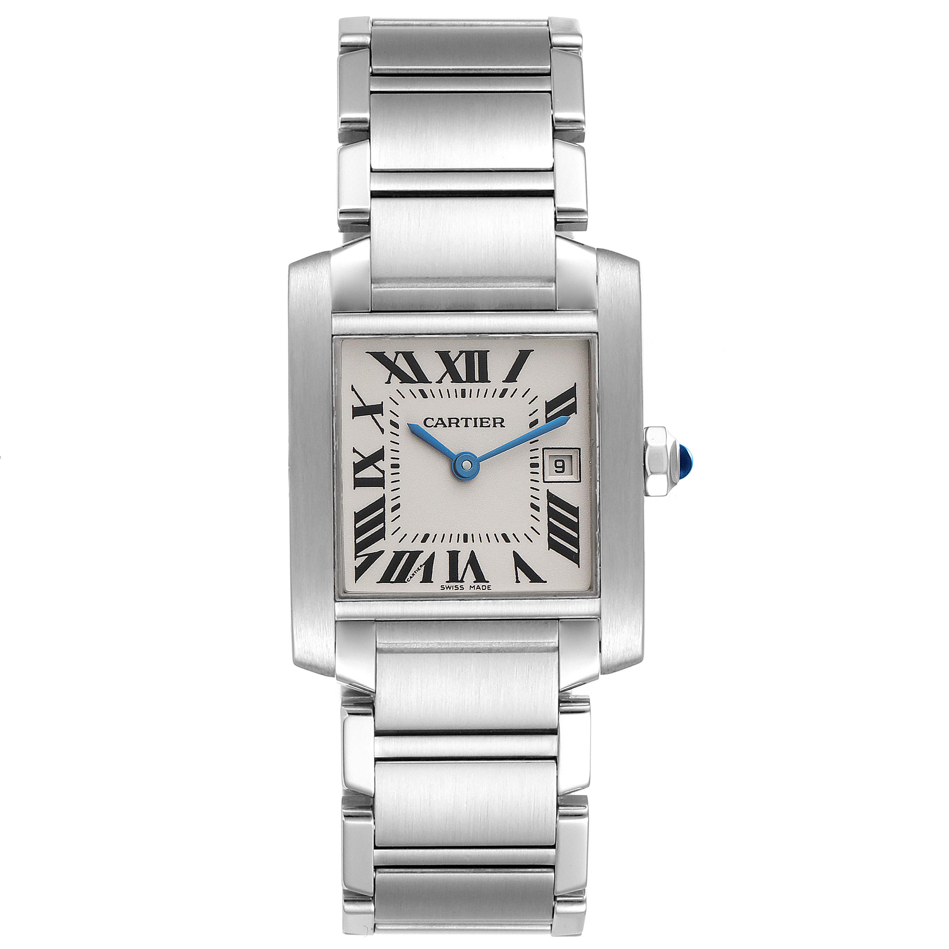 The Cartier Tank Francaise W51011Q3 Women
s Stainless Steel Silver Dial W51011Q3 Women
s Stainless Steel Silver Dial watch is shown from a top-down angle, highlighting its face, Roman numeral markers, bracelet, and crown.