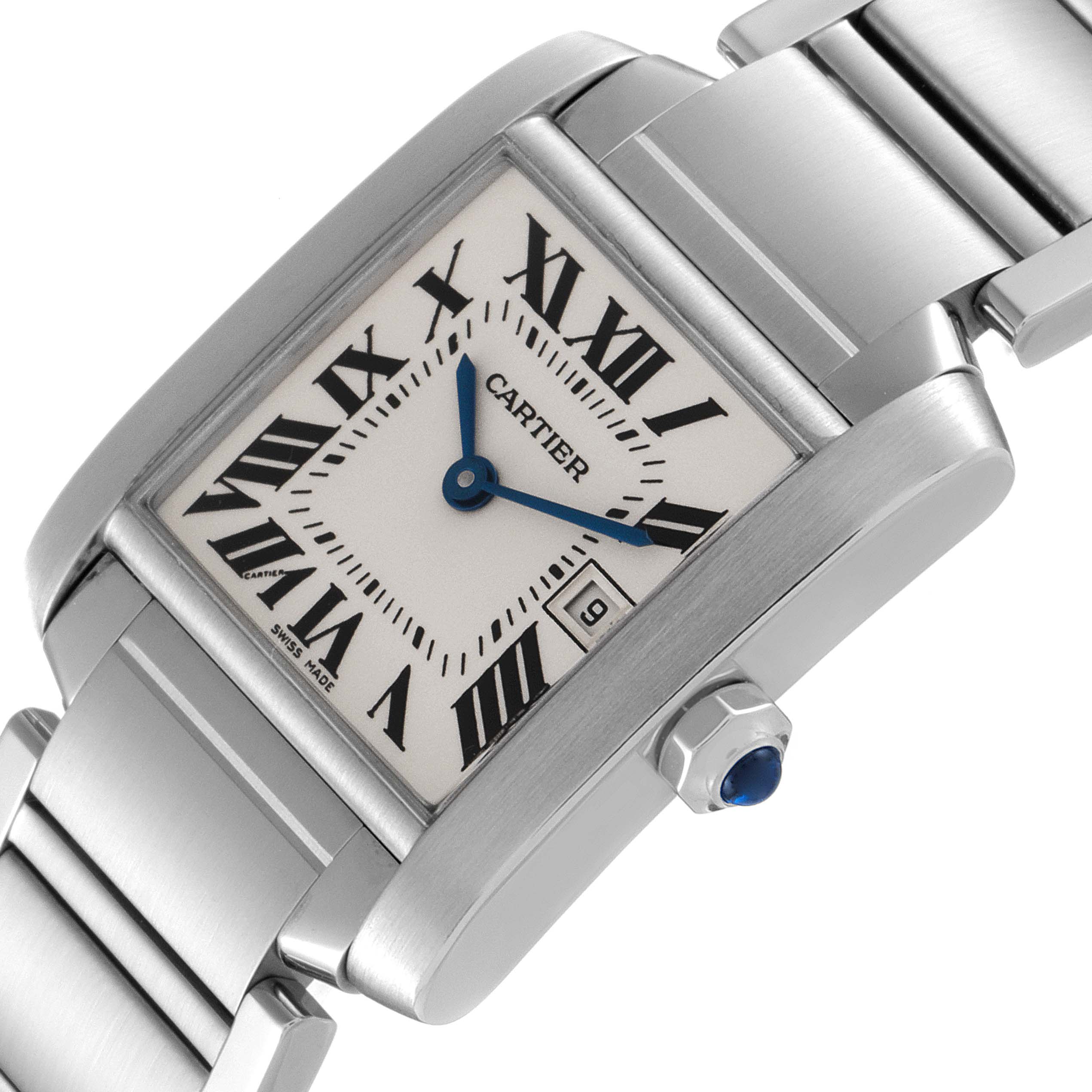 The image shows a Cartier Tank Francaise W51011Q3 Women
s Stainless Steel Silver Dial W51011Q3 Women
s Stainless Steel Silver Dial watch at an angled view, highlighting the dial, bracelet, and crown with blue cabochon.