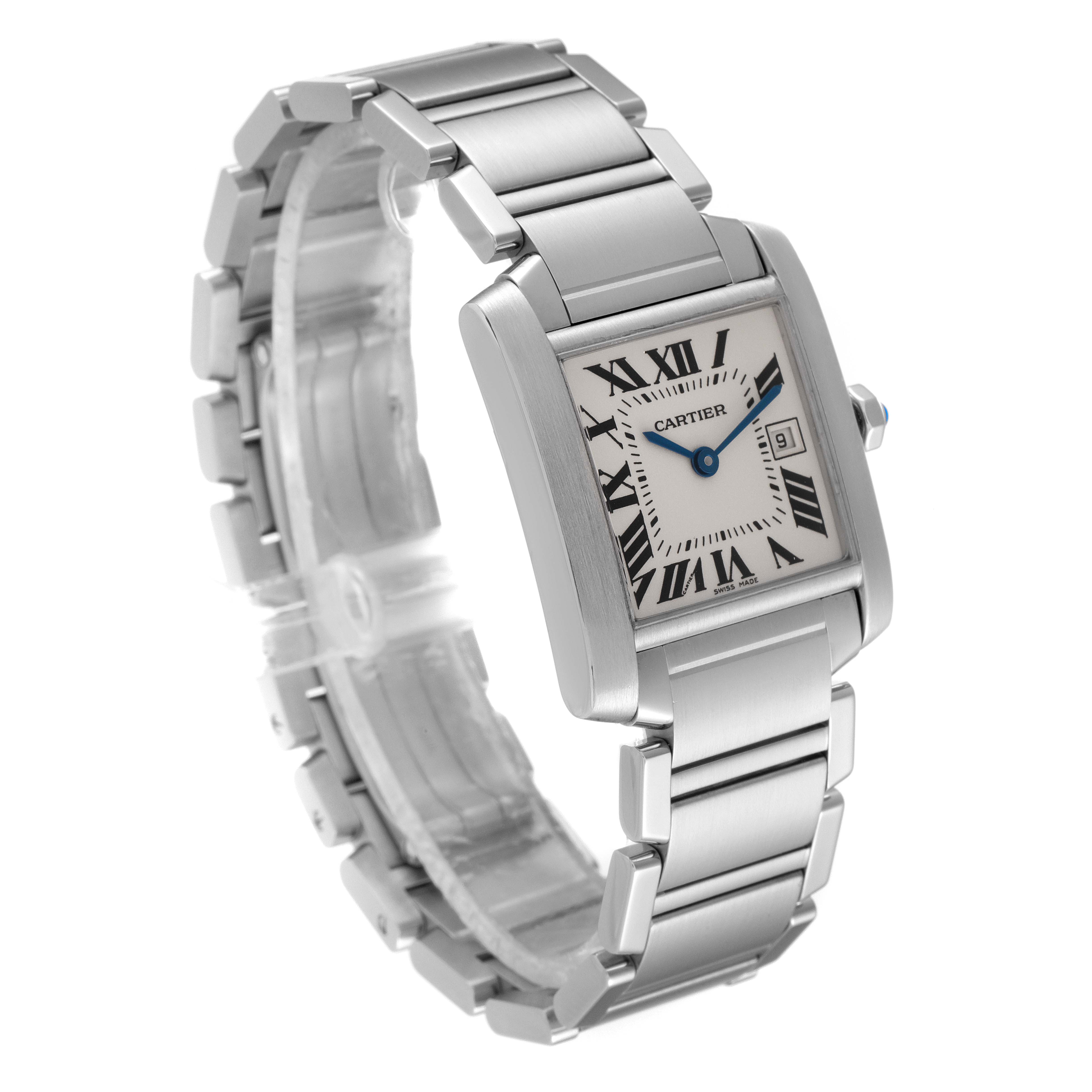 The Cartier Tank Française watch is shown at a three-quarter angle, displaying the face, bracelet, and side.