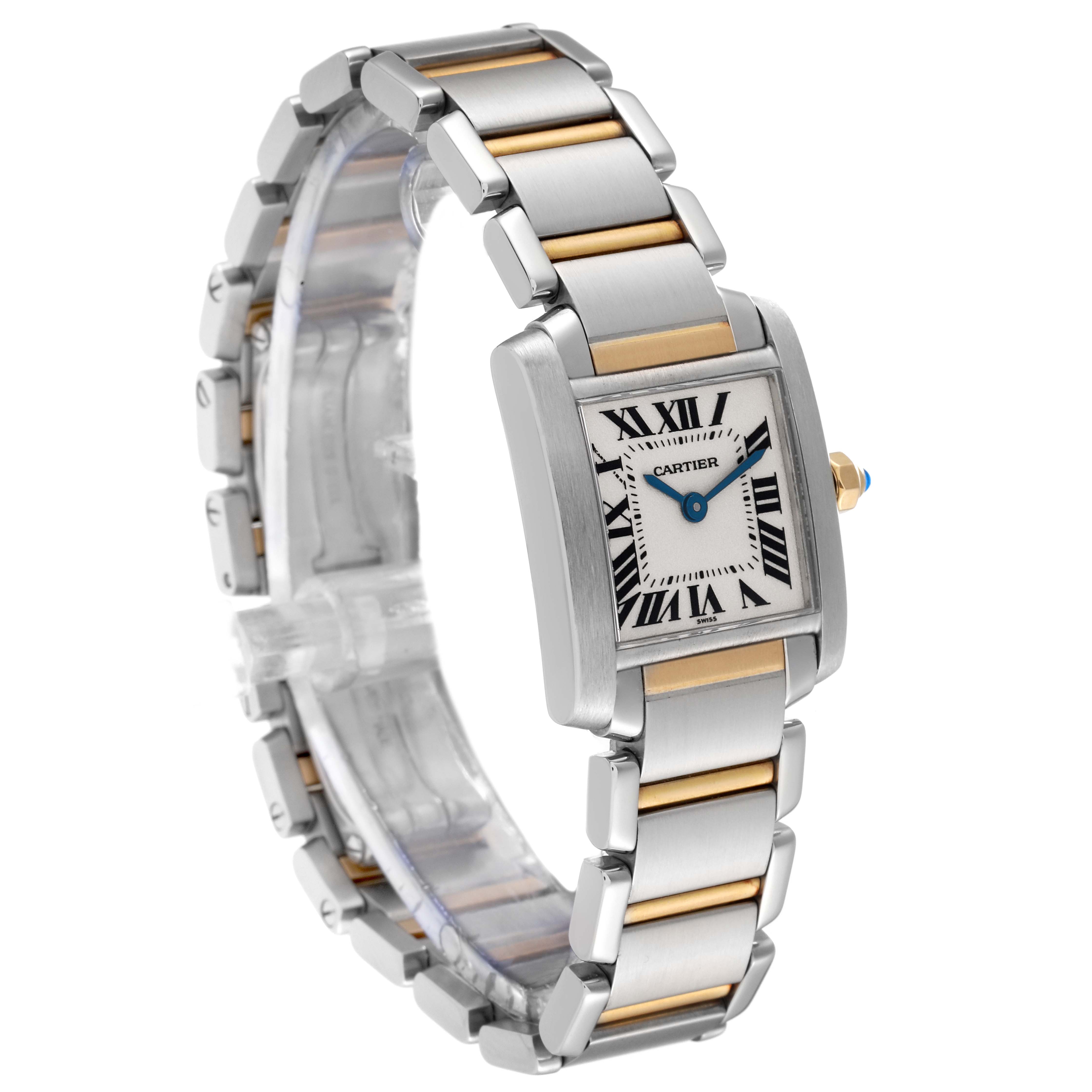The image shows a side angle of a Cartier Tank Française watch, highlighting its bracelet and face.