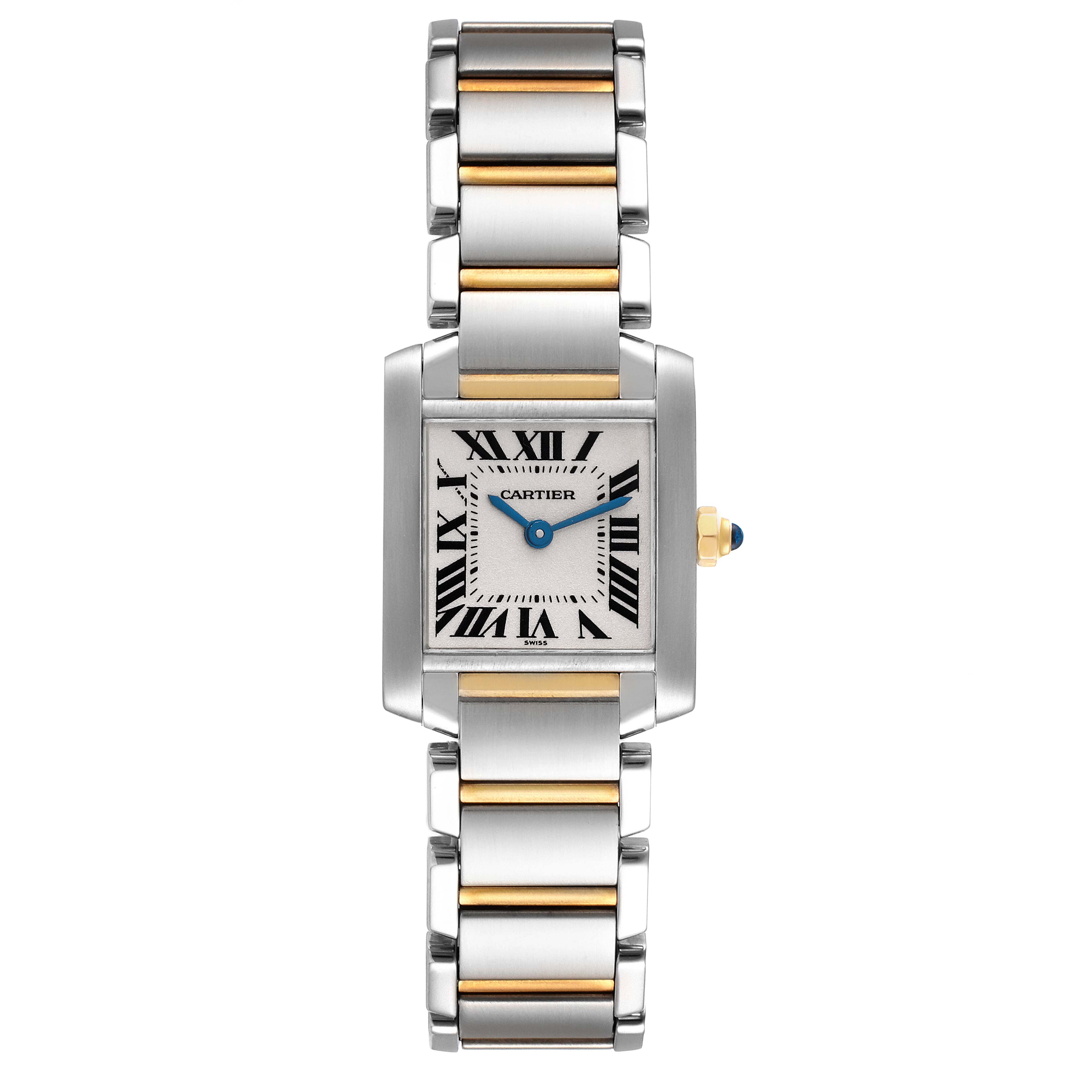 The image shows a front view of the Cartier Tank Française watch, displaying its face, bezel, and bracelet.