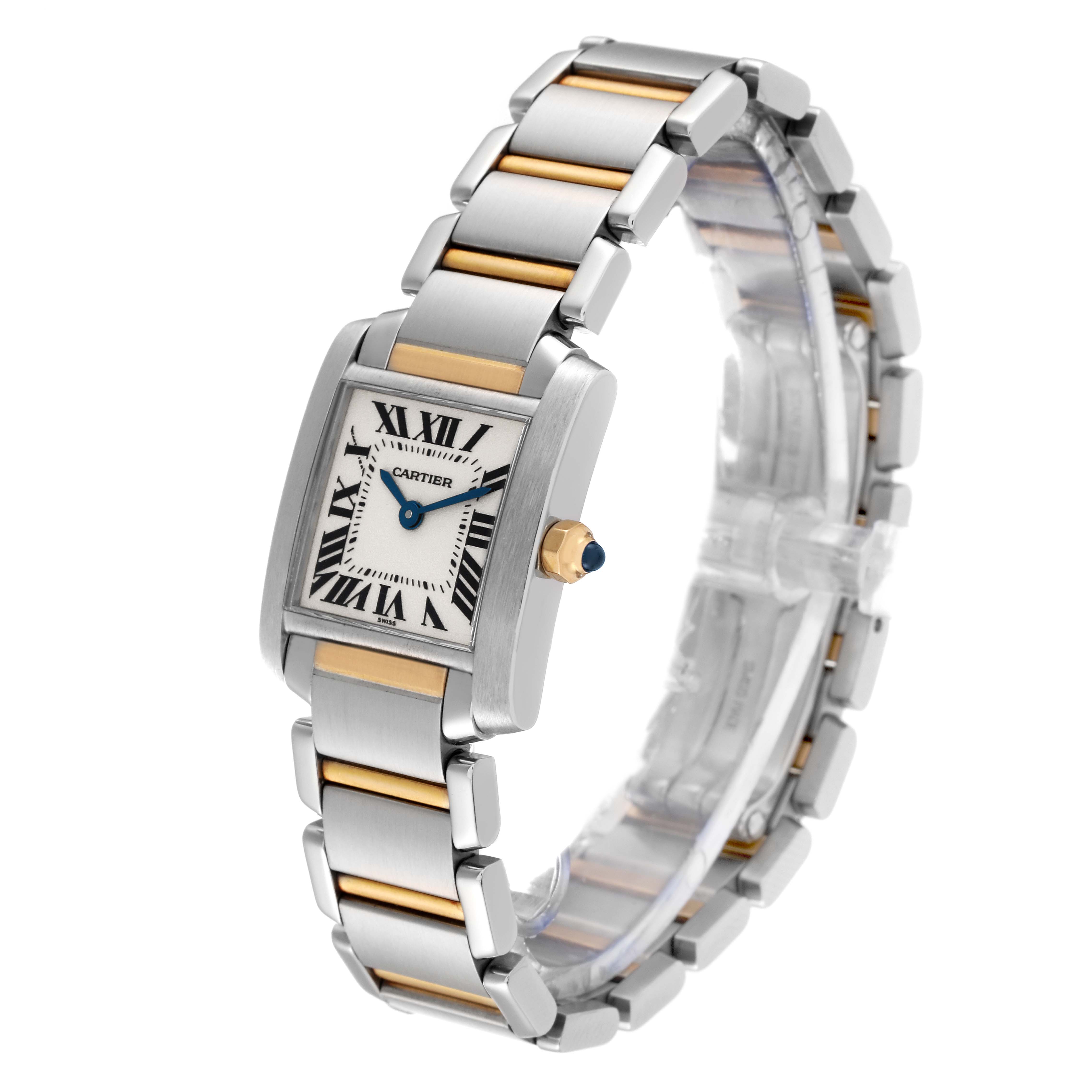 The image shows a Cartier Tank Francaise W51007Q4 Women
s Steel and Gold (two tone) Silver Dial W51007Q4 Women
s Steel and Gold (two tone) Silver Dial watch at an angled view, revealing the front face, crown, and bracelet.