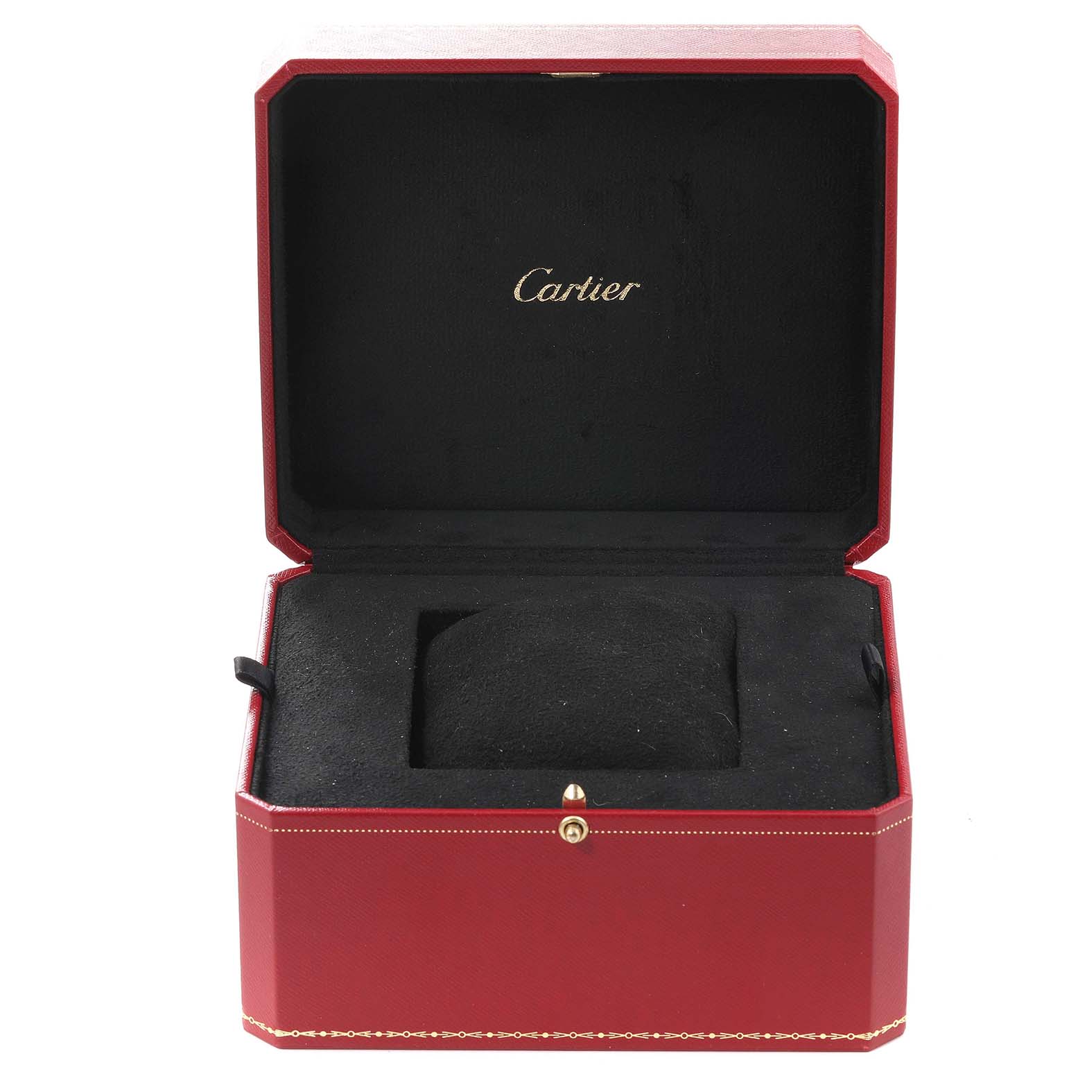 This image shows an open box for the Tank Française model by Cartier, featuring a red exterior and black interior.