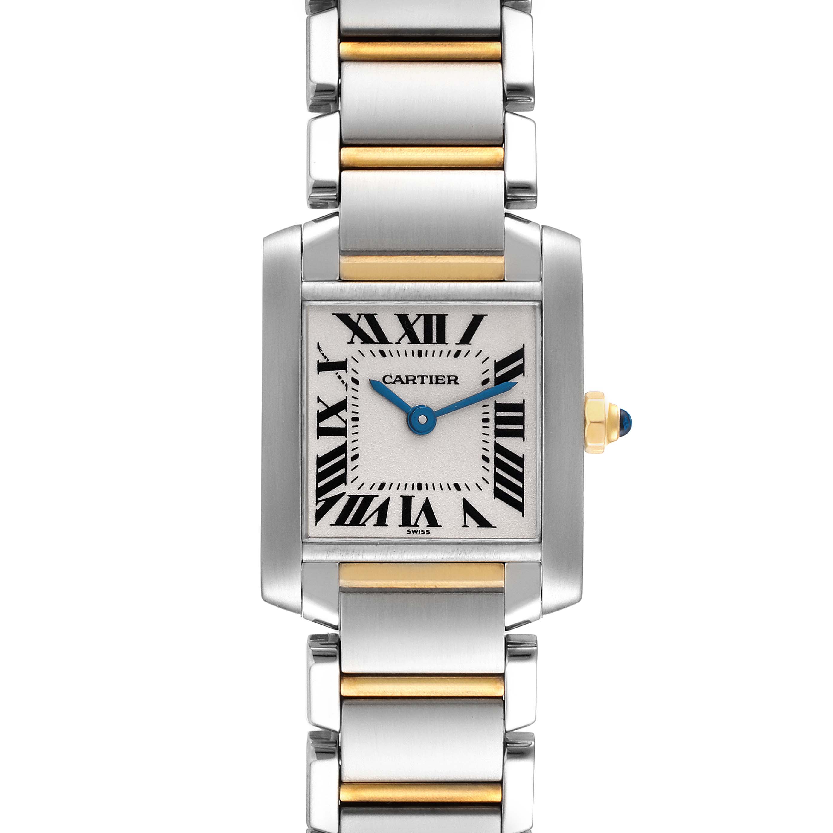The image shows a Cartier Tank Française watch from a front angle, featuring the face, bracelet, and crown.