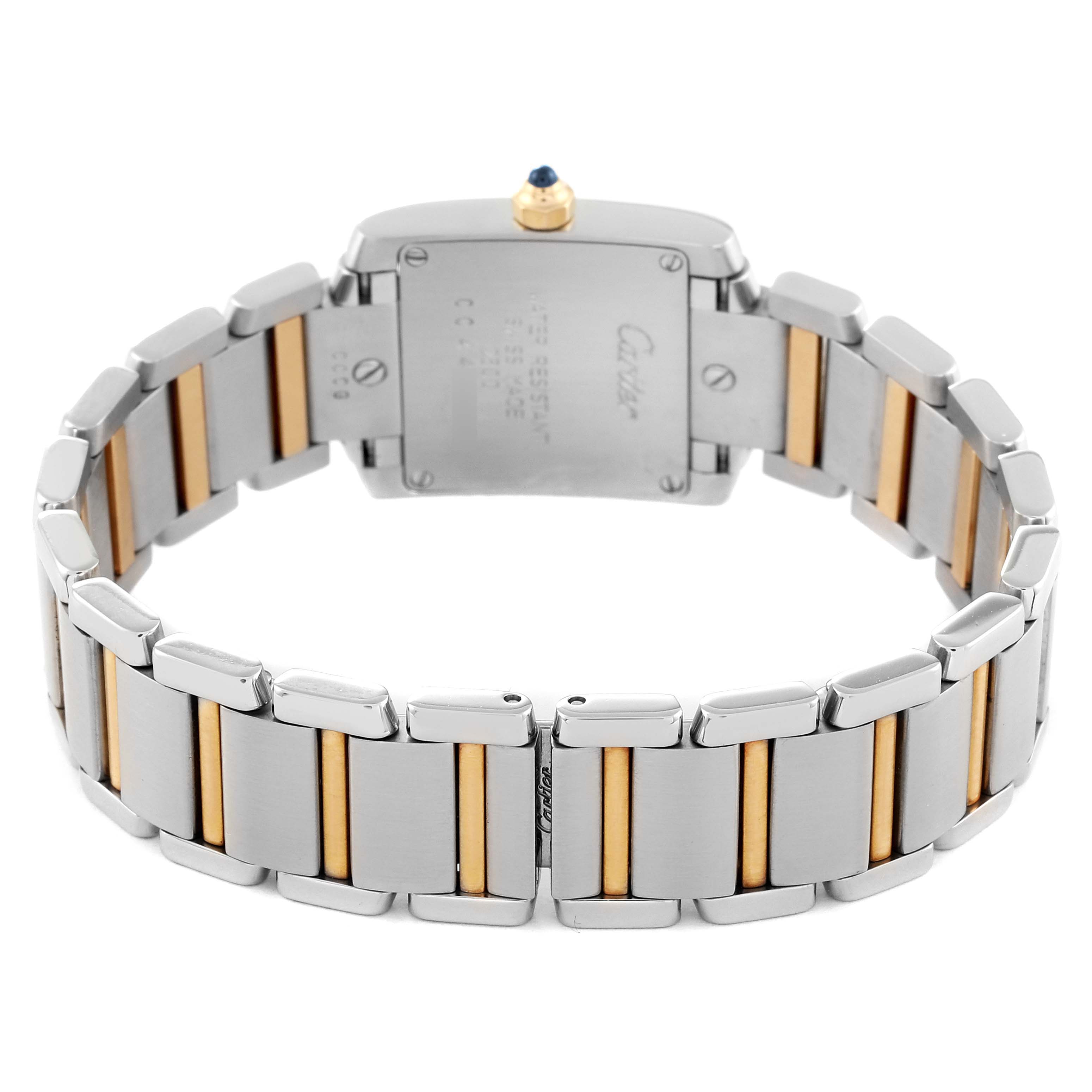 This image shows the back view of the Tank Française model by Cartier, highlighting its two-tone bracelet and case back.