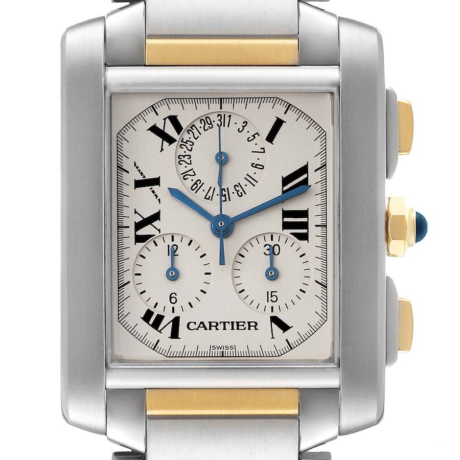 The image shows a close-up of the Cartier Tank Francaise watch face, with visible dials and part of the strap.