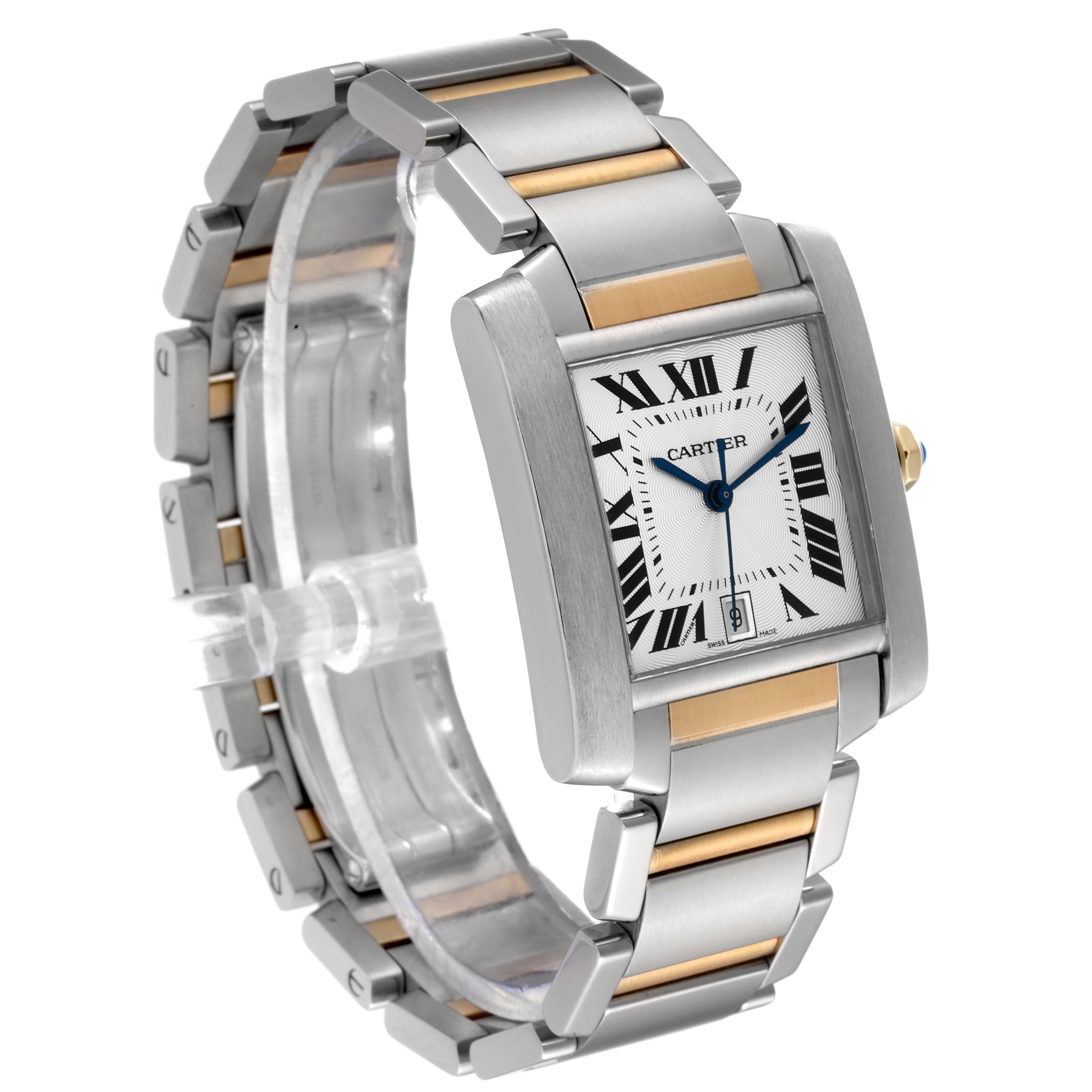 The Cartier Tank Francaise W51005Q4 Men's Steel and Gold (two tone) Silver Dial W51005Q4 Men's Steel and Gold (two tone) Silver Dial watch is shown at a slight angle, highlighting its two-tone bracelet and rectangular face.