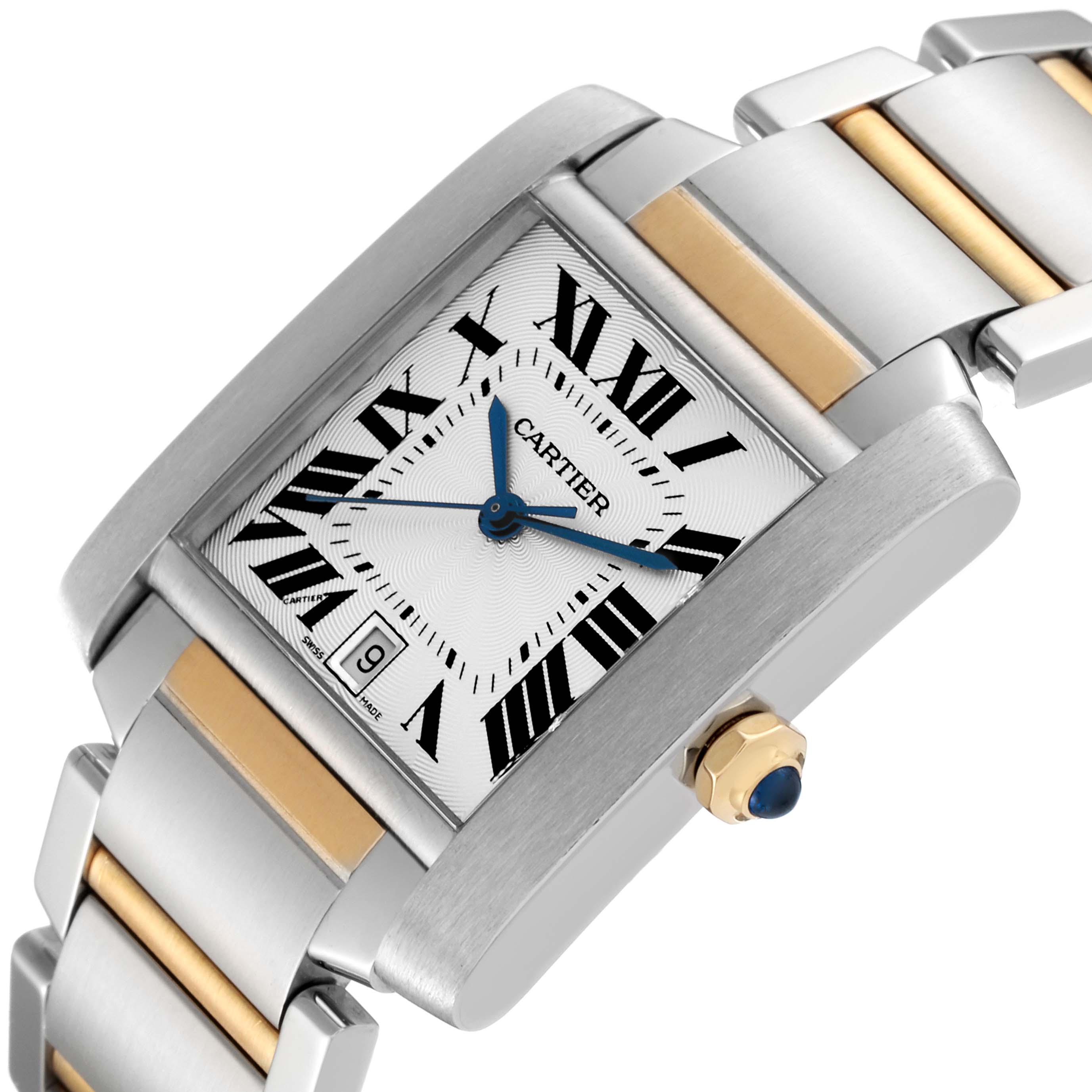The image shows a close-up angle of the Cartier Tank Française watch, highlighting the dial, crown, and part of the bracelet.