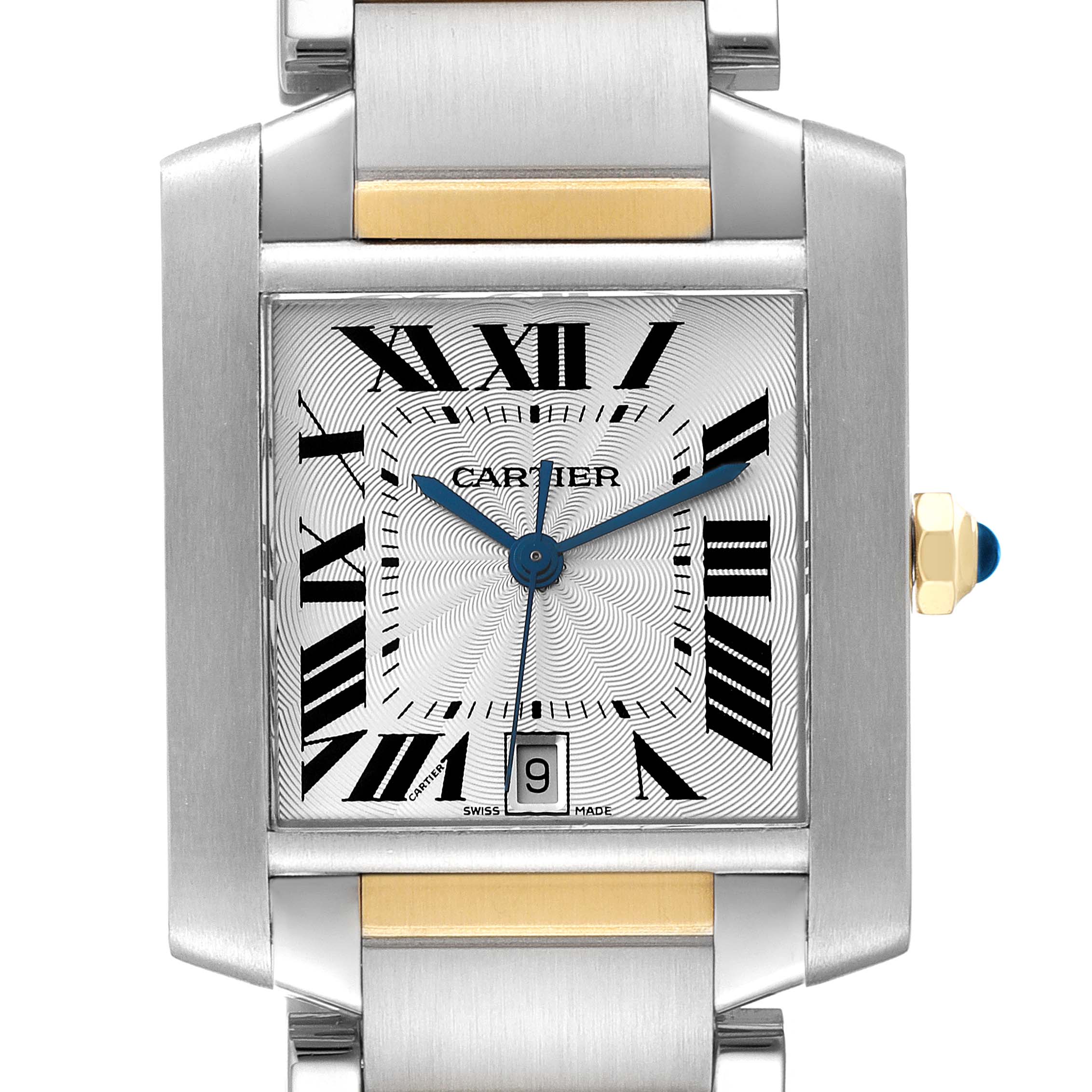 This image shows a front view of the dial and bezel of the Cartier Tank Francaise W51005Q4 Men's Steel and Gold (two tone) Silver Dial W51005Q4 Men's Steel and Gold (two tone) Silver Dial watch.