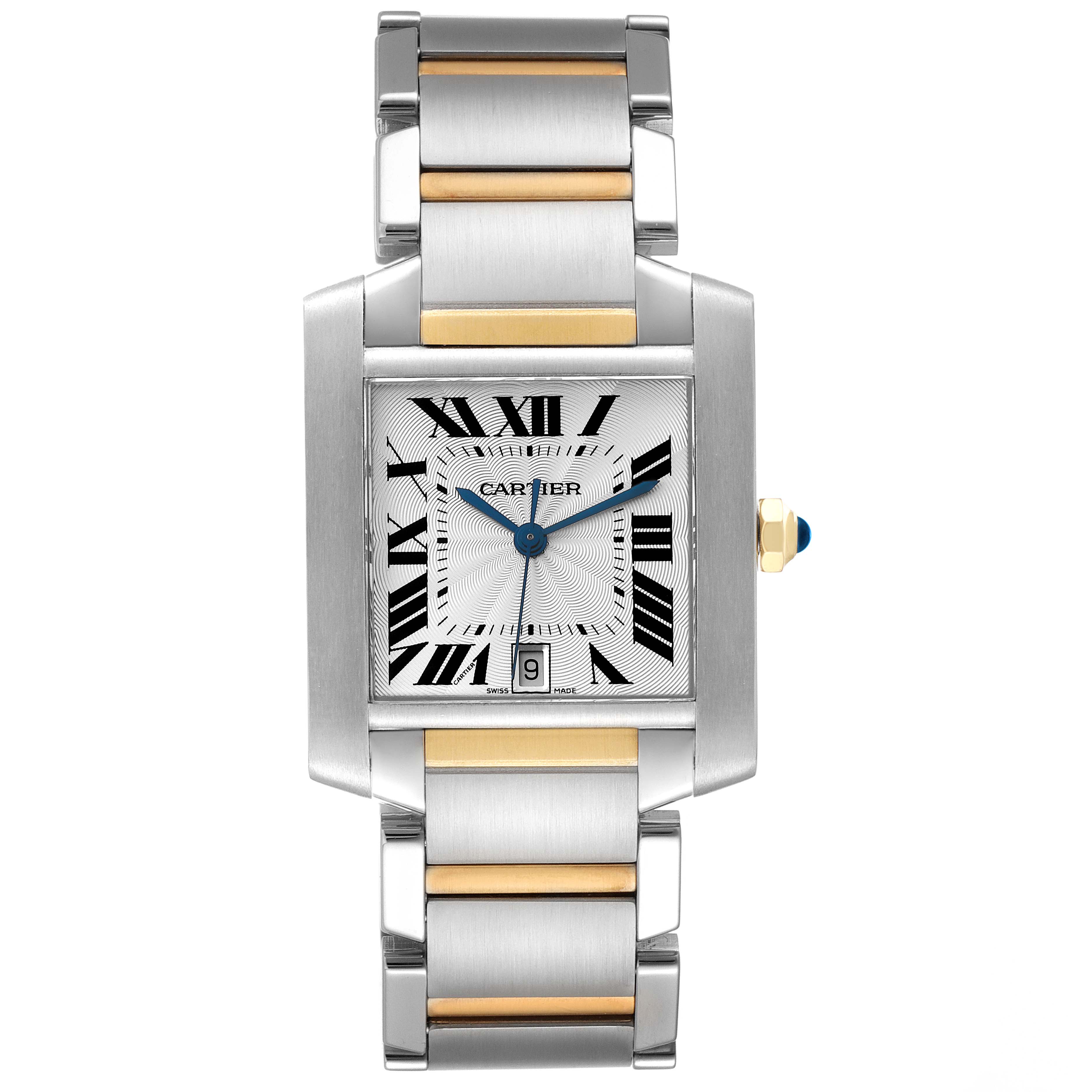 The Cartier Tank Francaise W51005Q4 Men's Steel and Gold (two tone) Silver Dial W51005Q4 Men's Steel and Gold (two tone) Silver Dial watch is shown from a frontal view, highlighting its dial, hands, and part of the bracelet.
