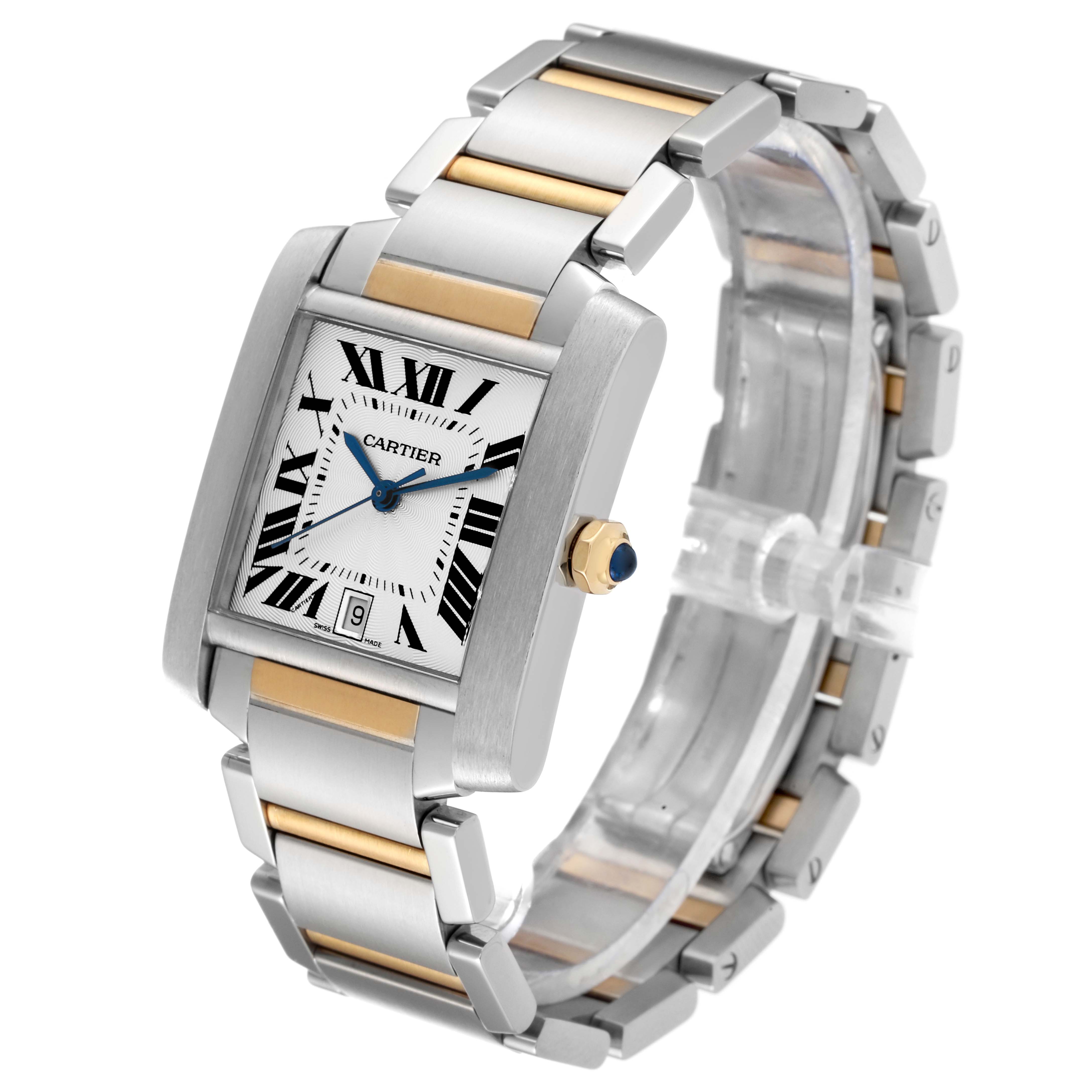 The Cartier Tank Française watch is shown at a three-quarter angle, displaying its face, band, and crown.