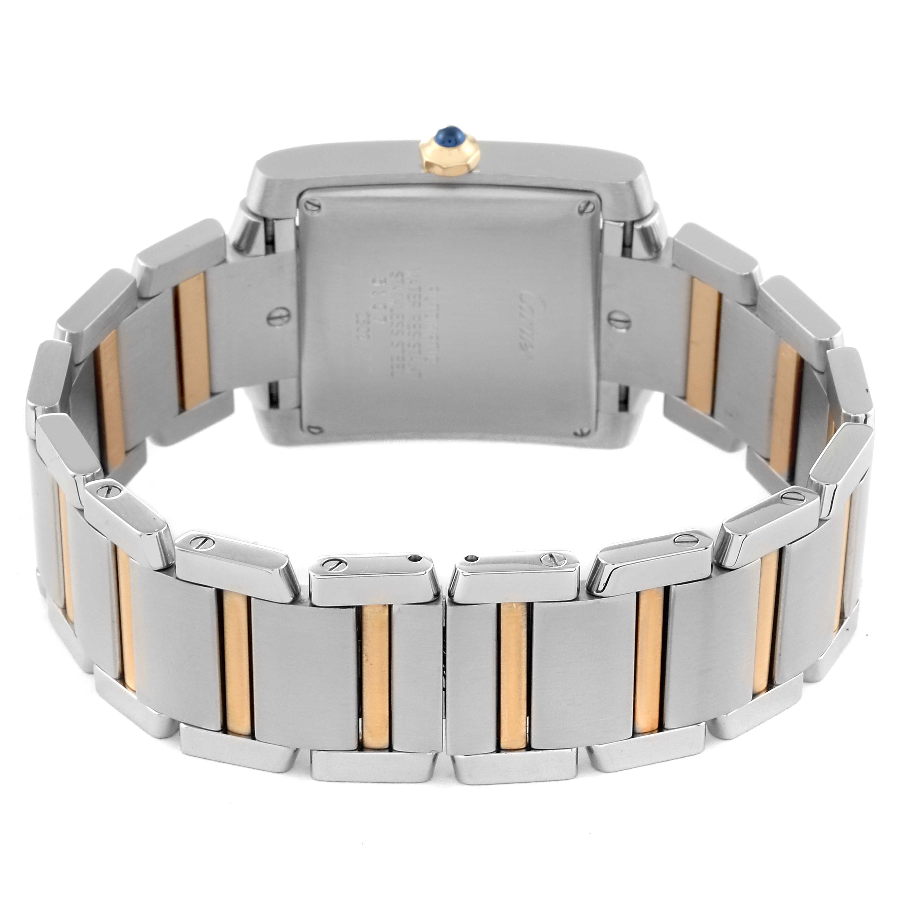 The image shows the back view of the Cartier Tank Francaise W51005Q4 Men's Steel and Gold (two tone) Silver Dial W51005Q4 Men's Steel and Gold (two tone) Silver Dial watch, highlighting its two-tone bracelet and case back.