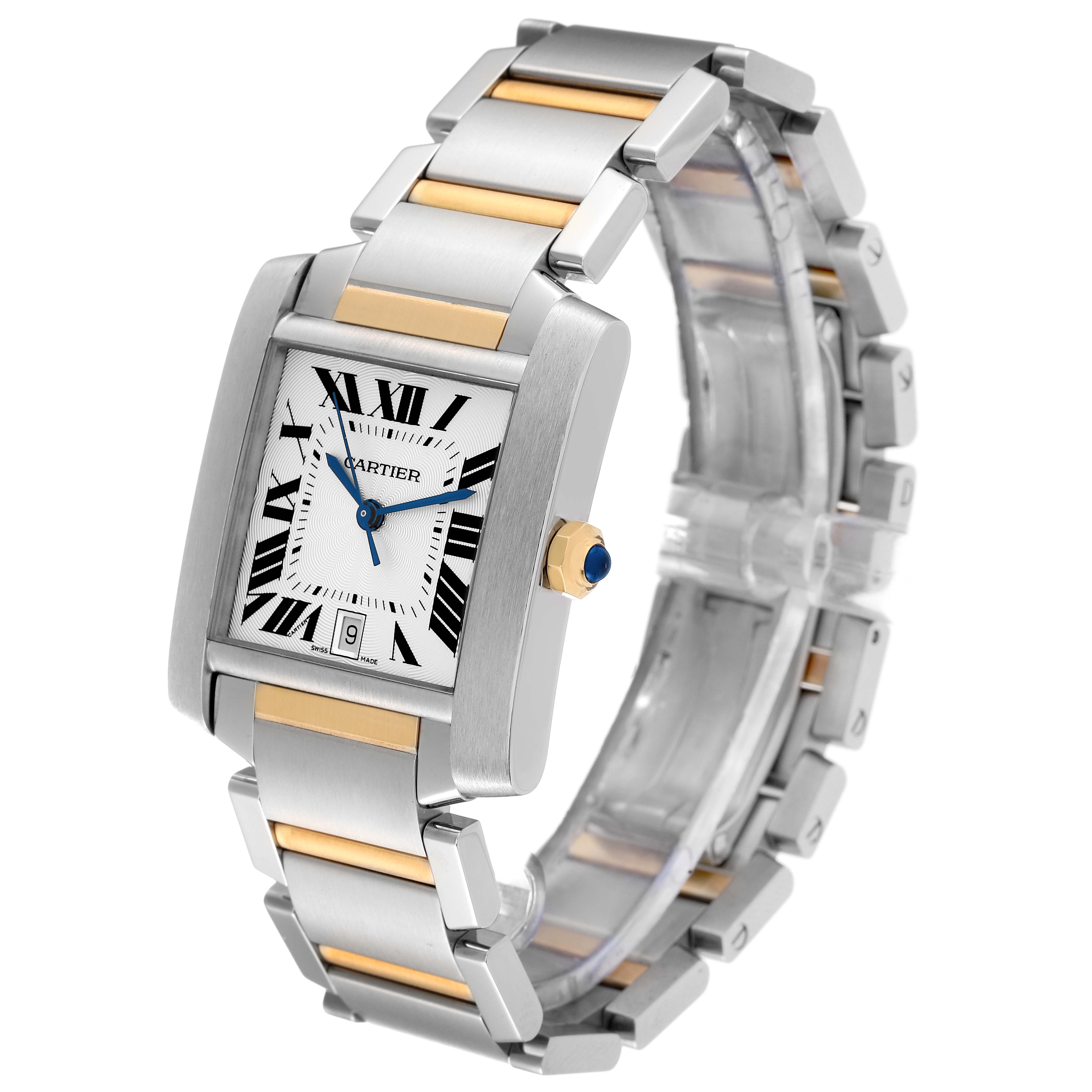 The Cartier Tank Francaise W51005Q4 Men
s Steel and Gold (two tone) Silver Dial W51005Q4 Men
s Steel and Gold (two tone) Silver Dial watch is shown at an angle highlighting its face, crown, and two-tone bracelet.