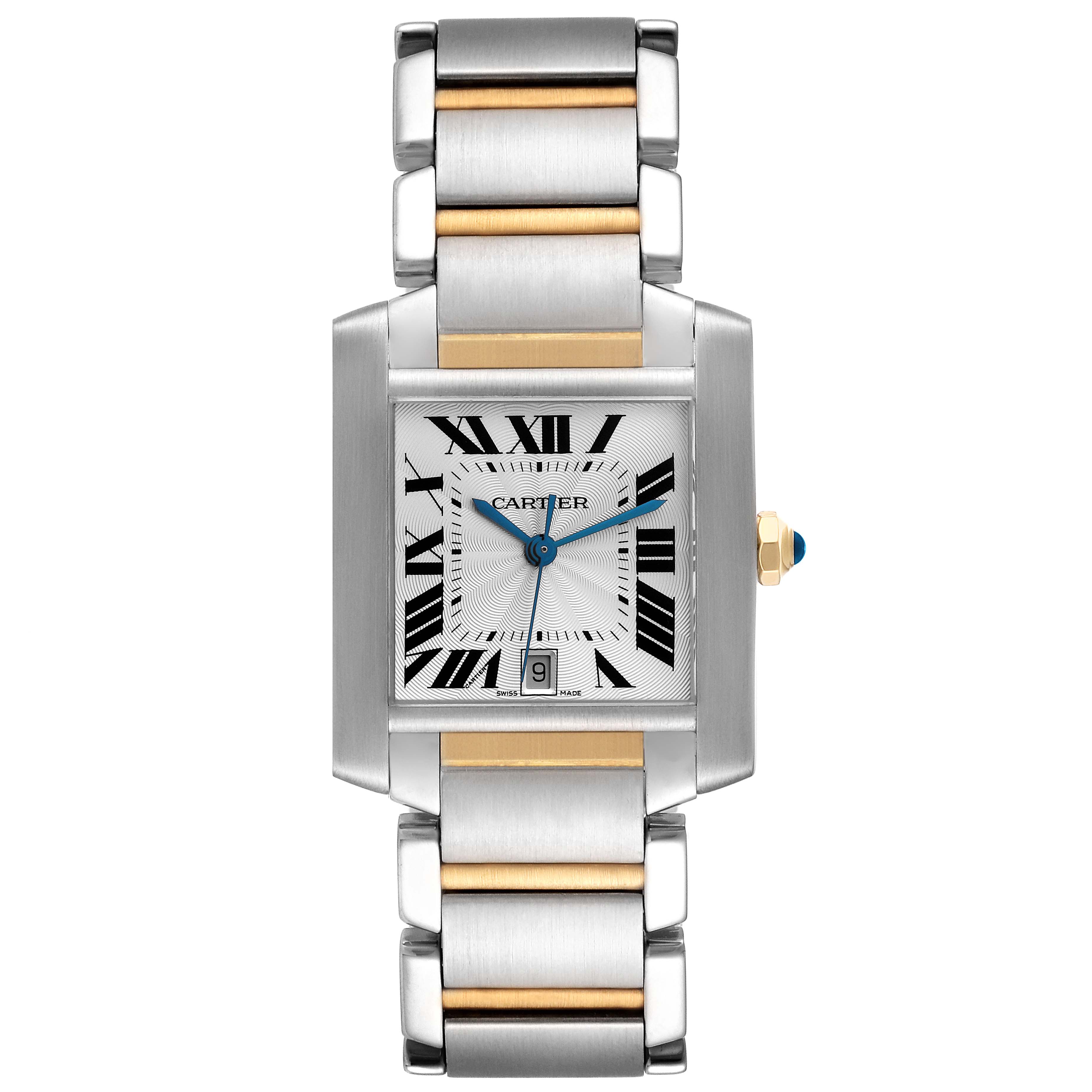 The Cartier Tank Francaise W51005Q4 Men
s Steel and Gold (two tone) Silver Dial W51005Q4 Men
s Steel and Gold (two tone) Silver Dial watch is shown from a straight-on angle, highlighting its rectangular dial, Roman numerals, and two-tone metal bracelet.