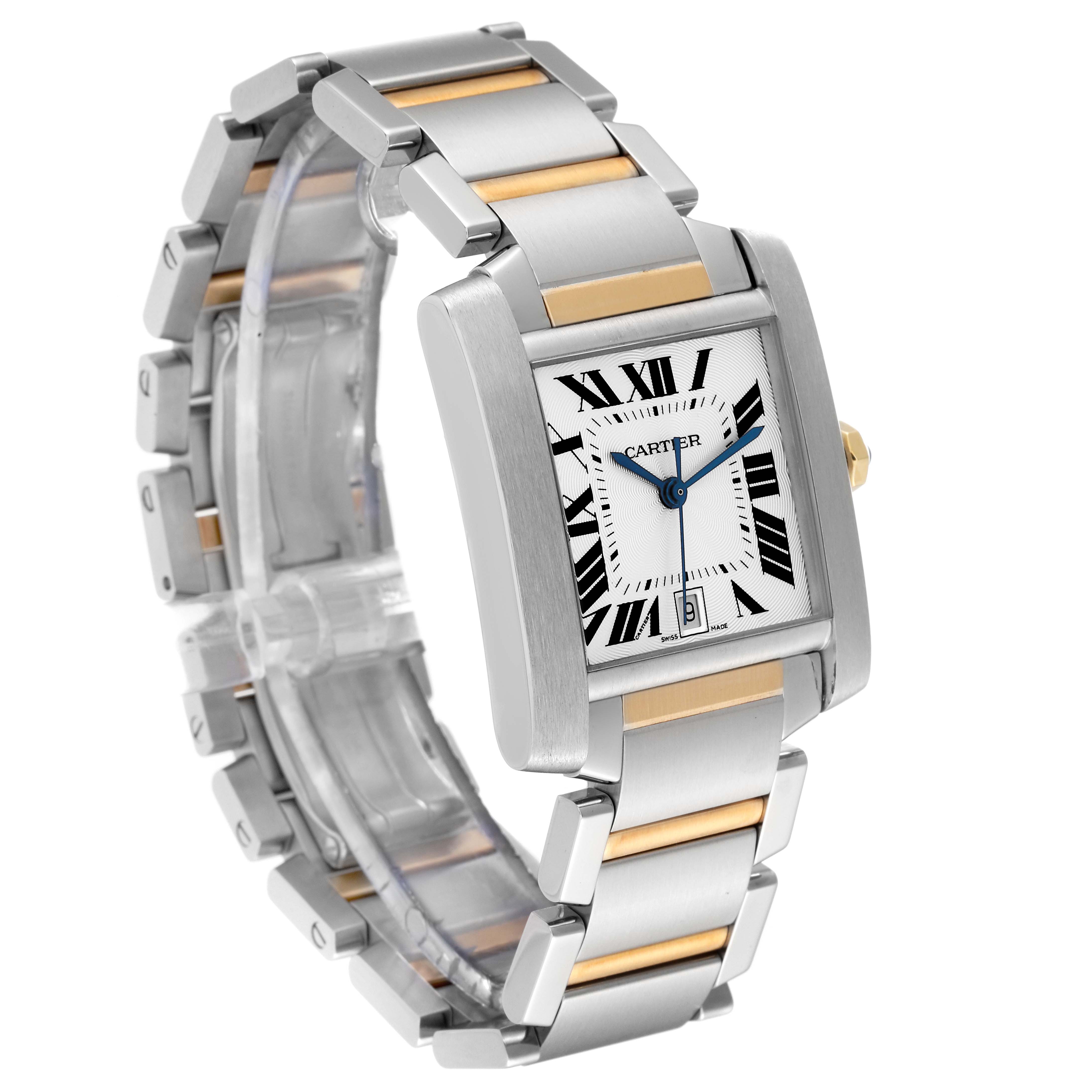 The image shows an angled view of the Cartier Tank Française watch, highlighting the dial, case, and part of the bracelet.