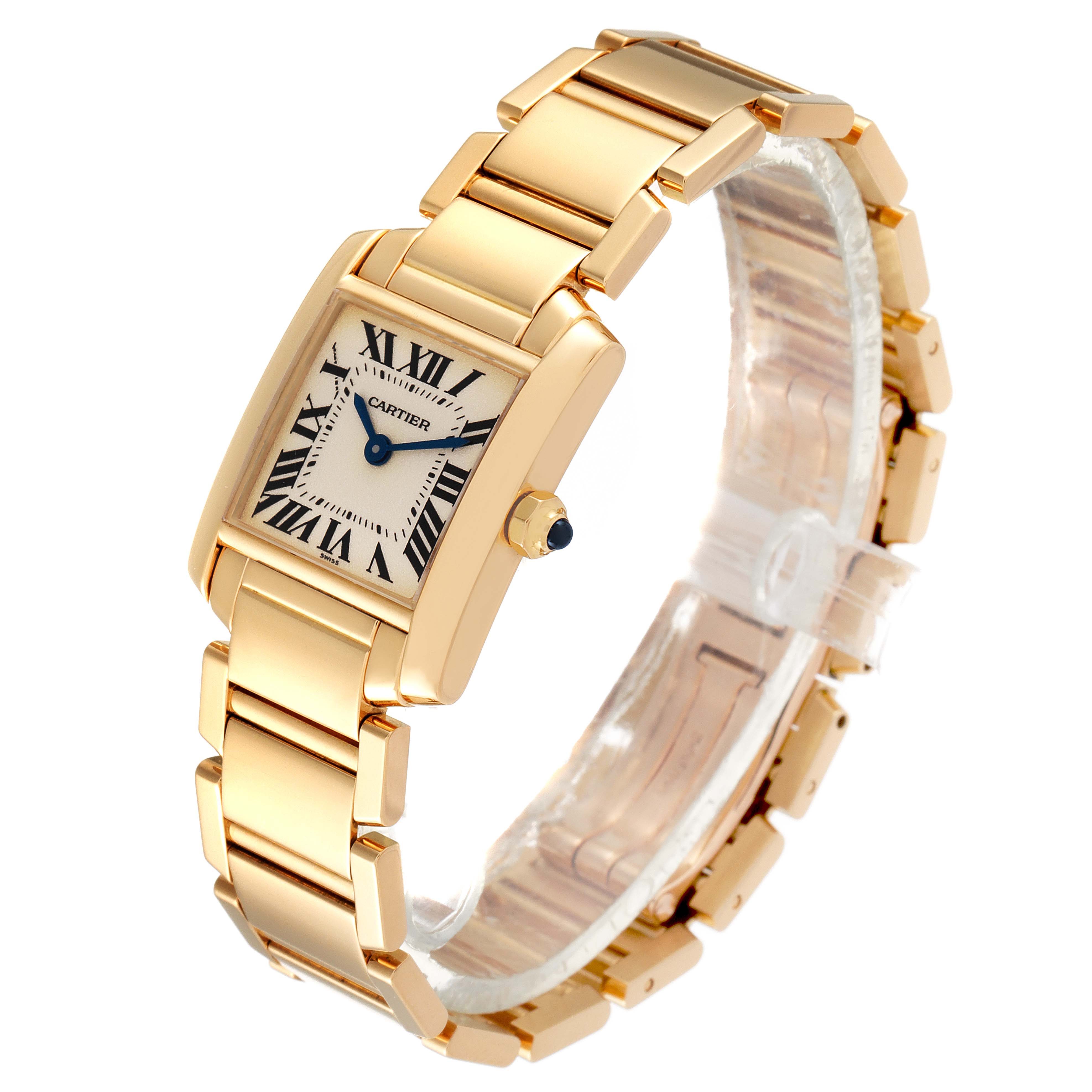 The image shows a Tank Française watch by Cartier at an angled view, highlighting the gold case, bracelet, and blue hands.