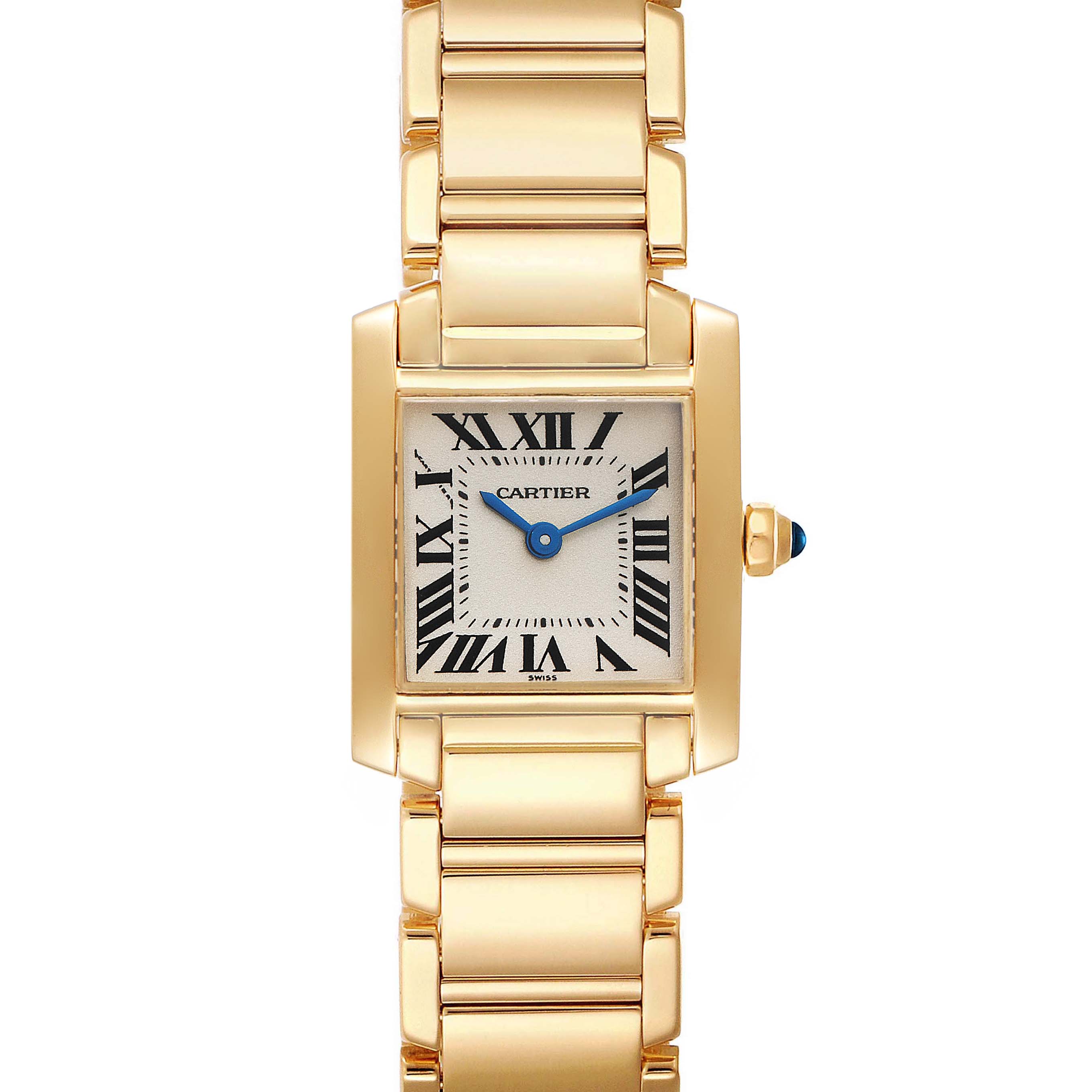 The image shows a frontal view of the Cartier Tank Francaise W50002N2 Women's Yellow Gold Silver Dial W50002N2 Women's Yellow Gold Silver Dial watch, highlighting its gold bracelet and rectangular face with Roman numerals.