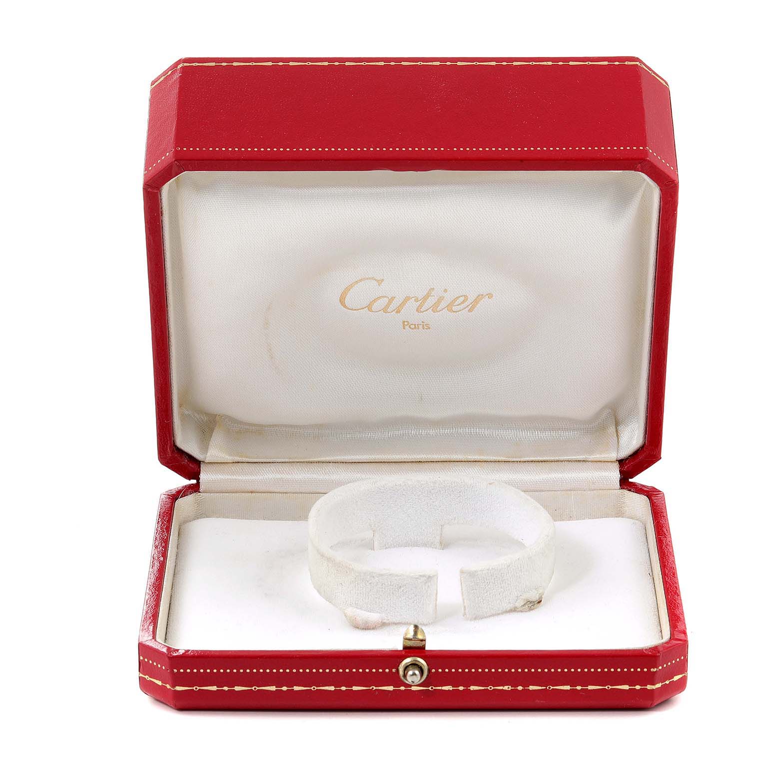 The image shows a Cartier Tank Francaise W50002N2 Women's Yellow Gold Silver Dial W50002N2 Women's Yellow Gold Silver Dial watch box with the inner cushion visible.