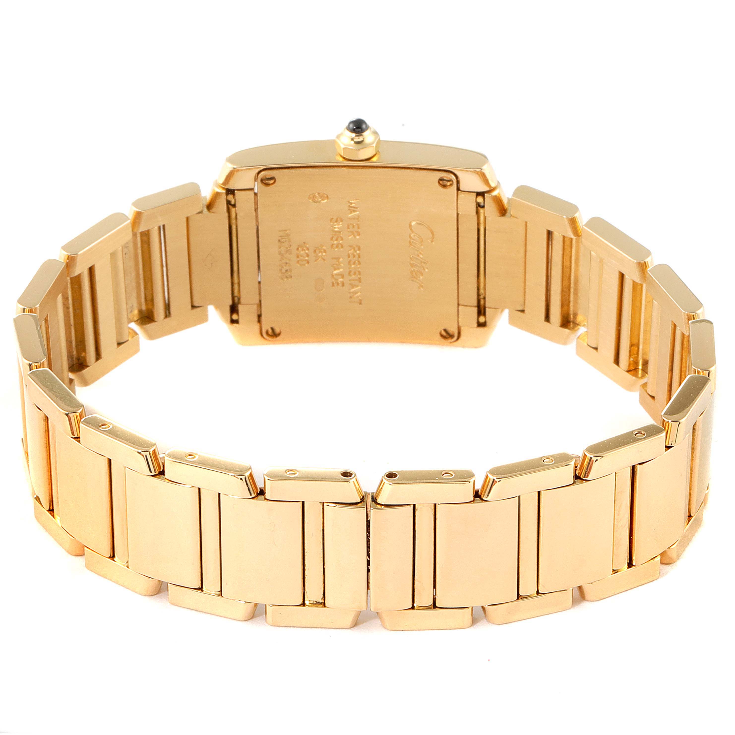 The image shows the back of a Cartier Tank Française watch, highlighting its case back, bracelet, and deployment clasp.
