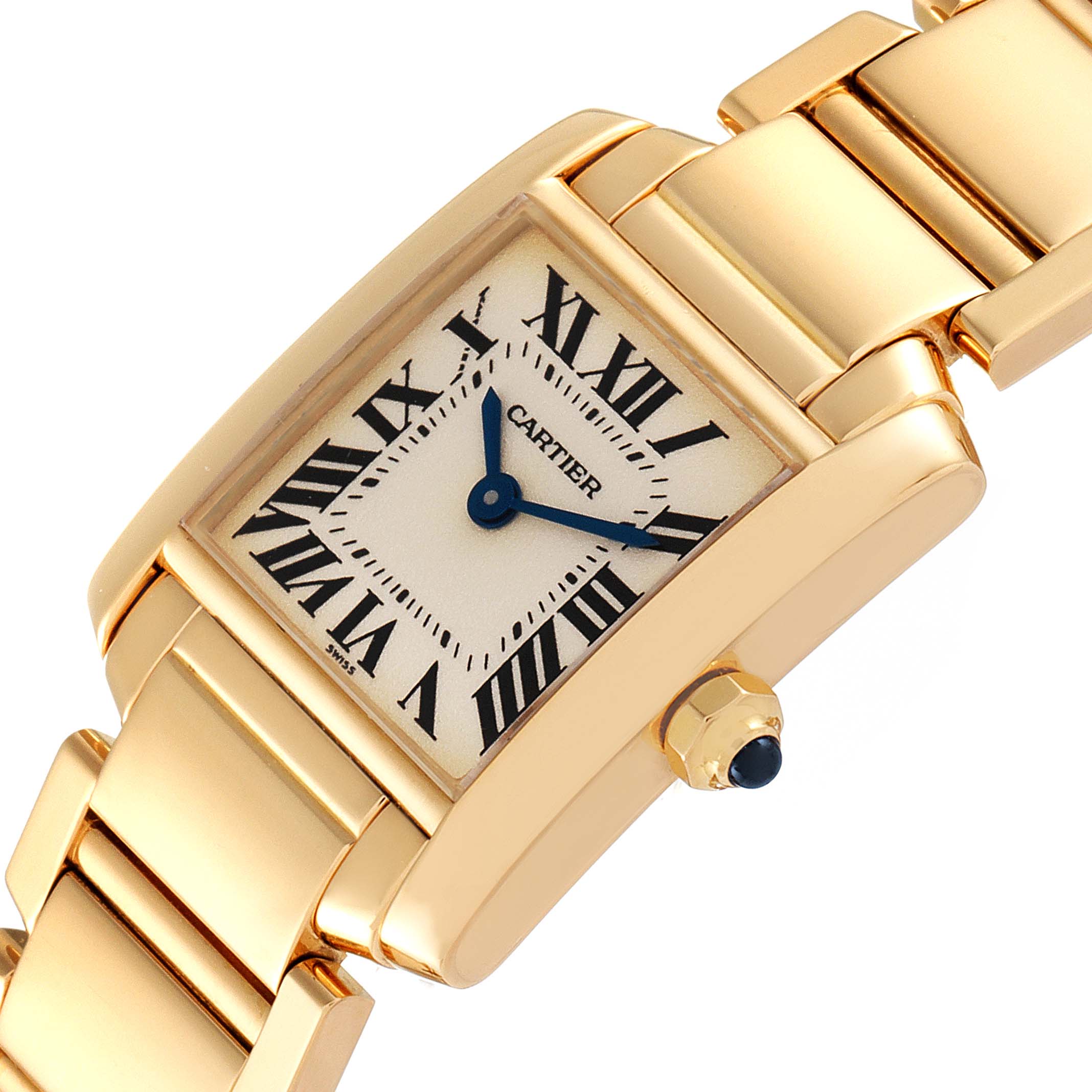 This image shows a close-up view of the Cartier Tank Francaise W50002N2 Women's Yellow Gold Silver Dial W50002N2 Women's Yellow Gold Silver Dial watch, highlighting the face, bracelet, and crown.