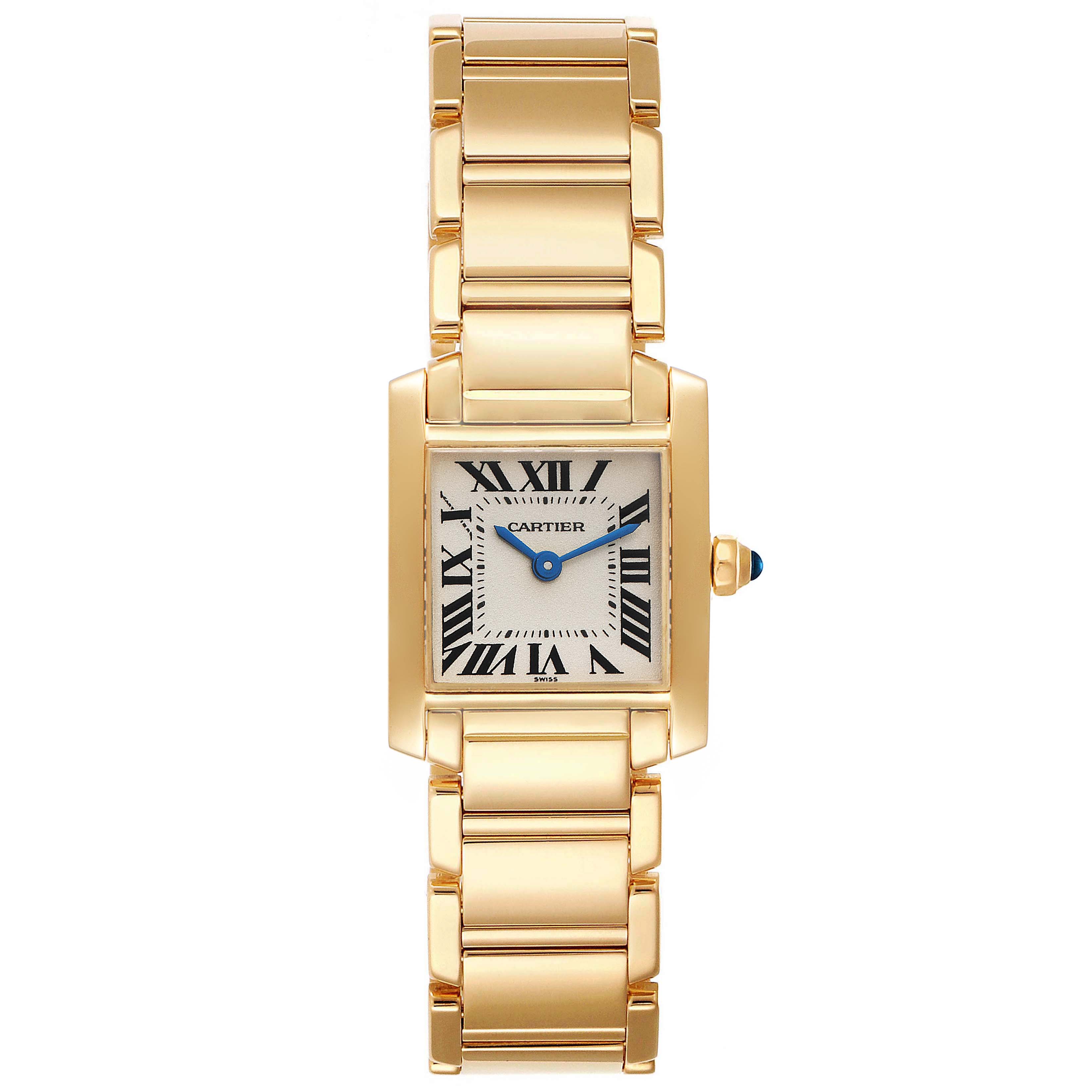 The image shows a front view of the Cartier Tank Francaise W50002N2 Women's Yellow Gold Silver Dial W50002N2 Women's Yellow Gold Silver Dial watch, displaying its rectangular face, Roman numeral dial, and gold bracelet.