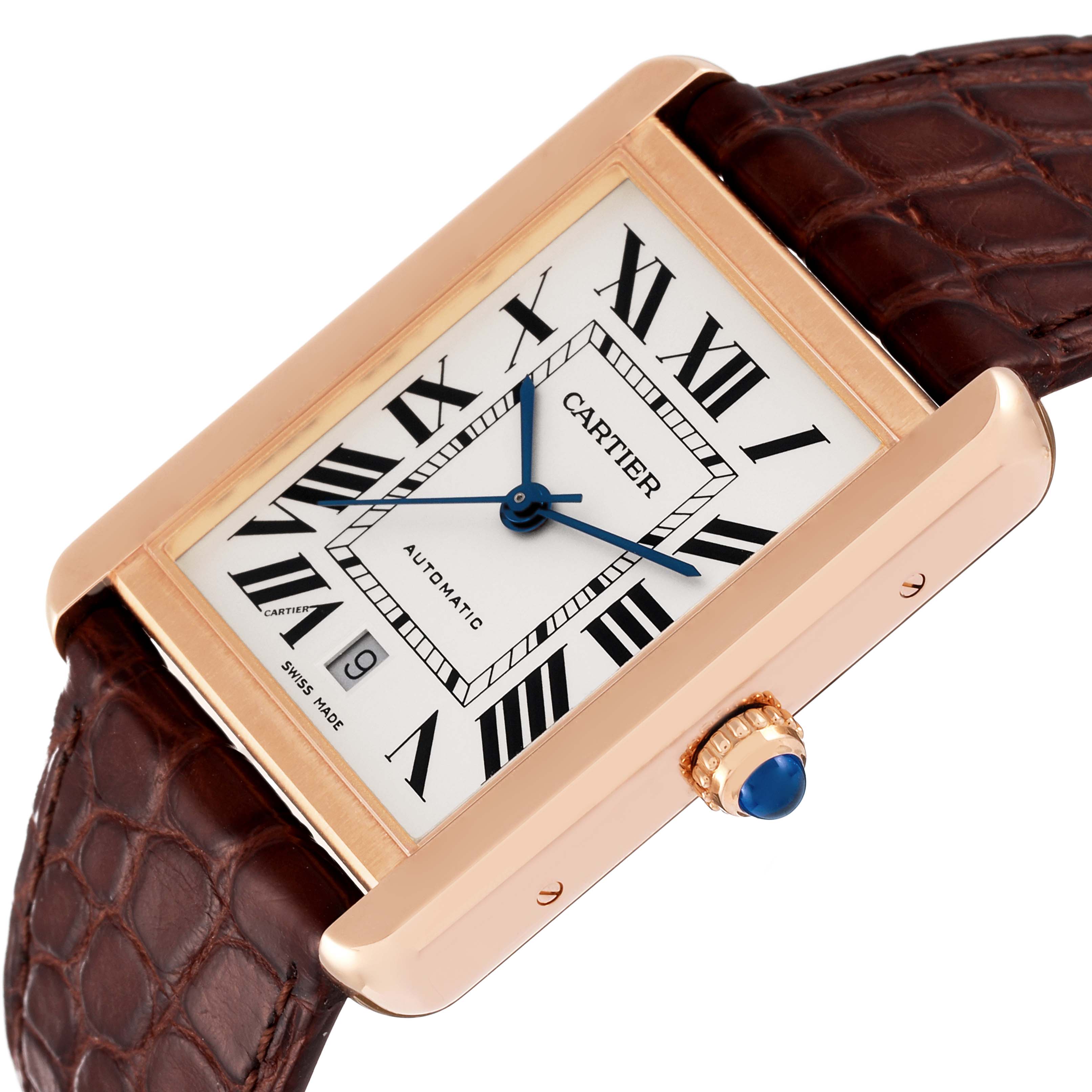 The Cartier Tank Solo W5200026 Men's Rose Gold Silver Dial W5200026 Men's Rose Gold Silver Dial watch is shown at an angle, highlighting the rectangular case, Roman numeral dial, crown, and leather strap.