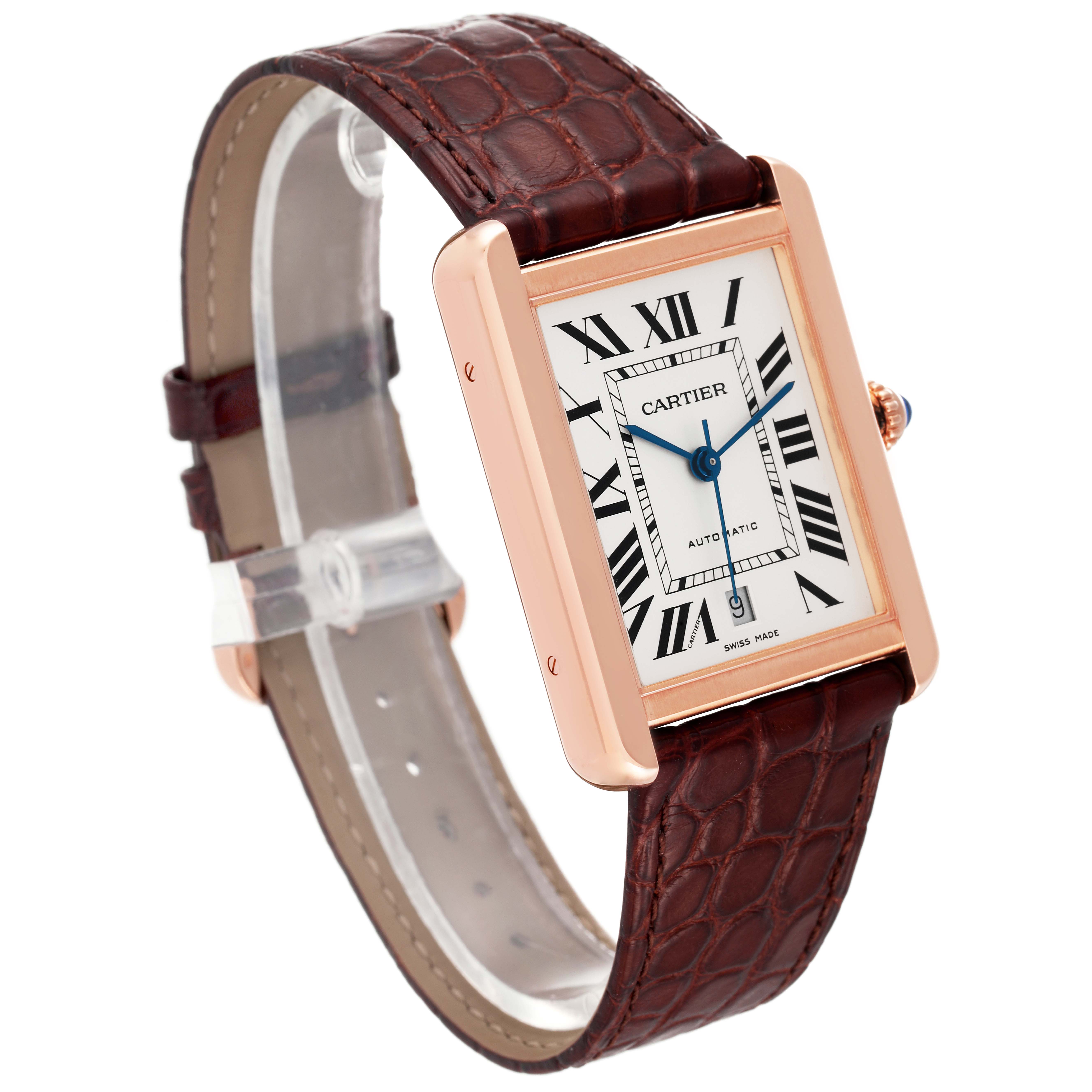 This image shows a Cartier Tank Solo W5200026 Men's Rose Gold Silver Dial W5200026 Men's Rose Gold Silver Dial watch at a three-quarter angle, highlighting its rectangular face and leather strap.