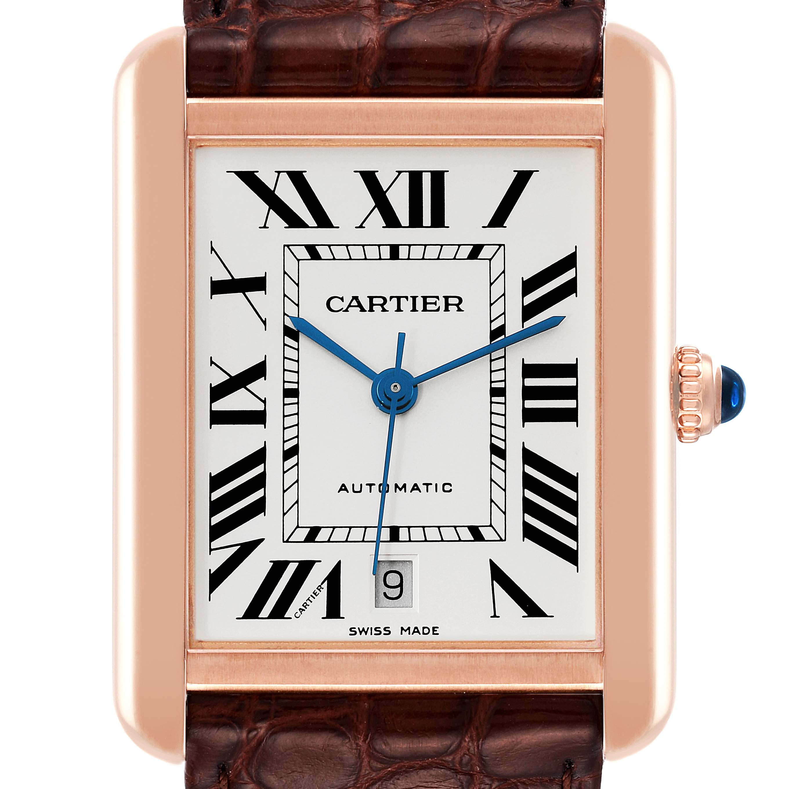 The image shows a front view of the Cartier Tank Solo W5200026 Men's Rose Gold Silver Dial W5200026 Men's Rose Gold Silver Dial watch, focusing on the dial and case.