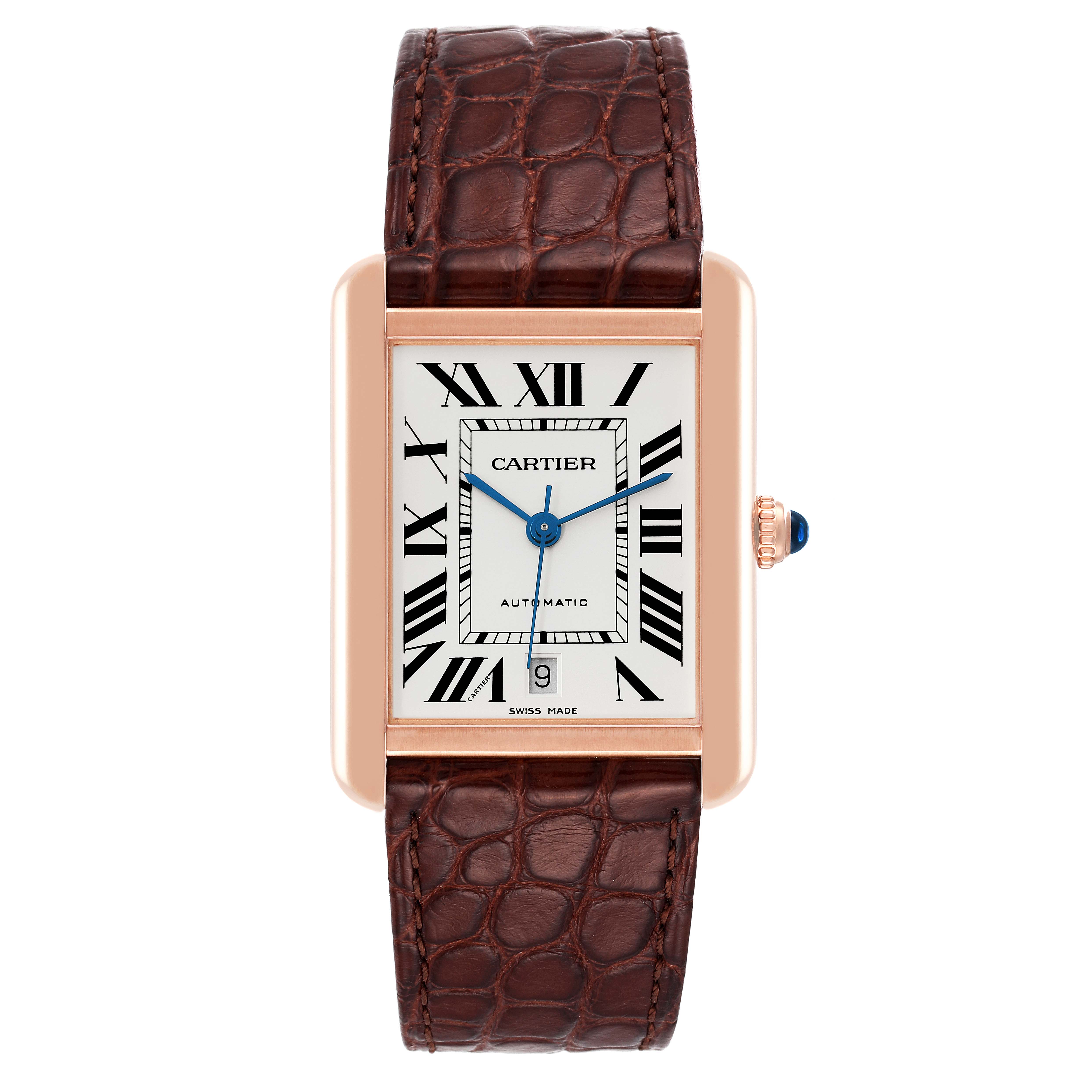 This is a front-facing view of the Cartier Tank Solo W5200026 Men's Rose Gold Silver Dial W5200026 Men's Rose Gold Silver Dial watch, showing the rectangular face, Roman numerals, and leather strap.