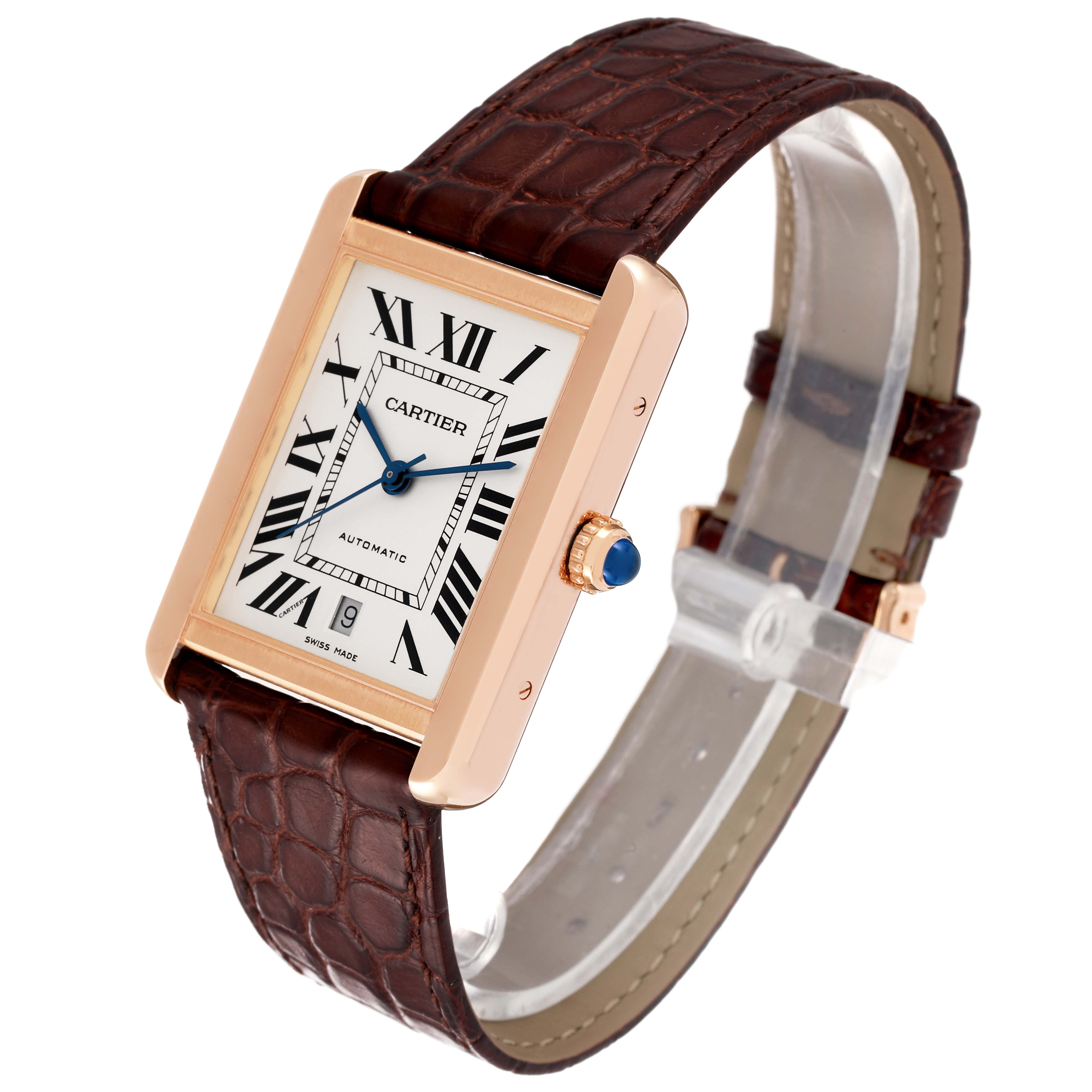 The Cartier Tank Solo W5200026 Men's Rose Gold Silver Dial W5200026 Men's Rose Gold Silver Dial watch is shown at an angle emphasizing its rectangular face, Roman numerals, and brown leather strap.