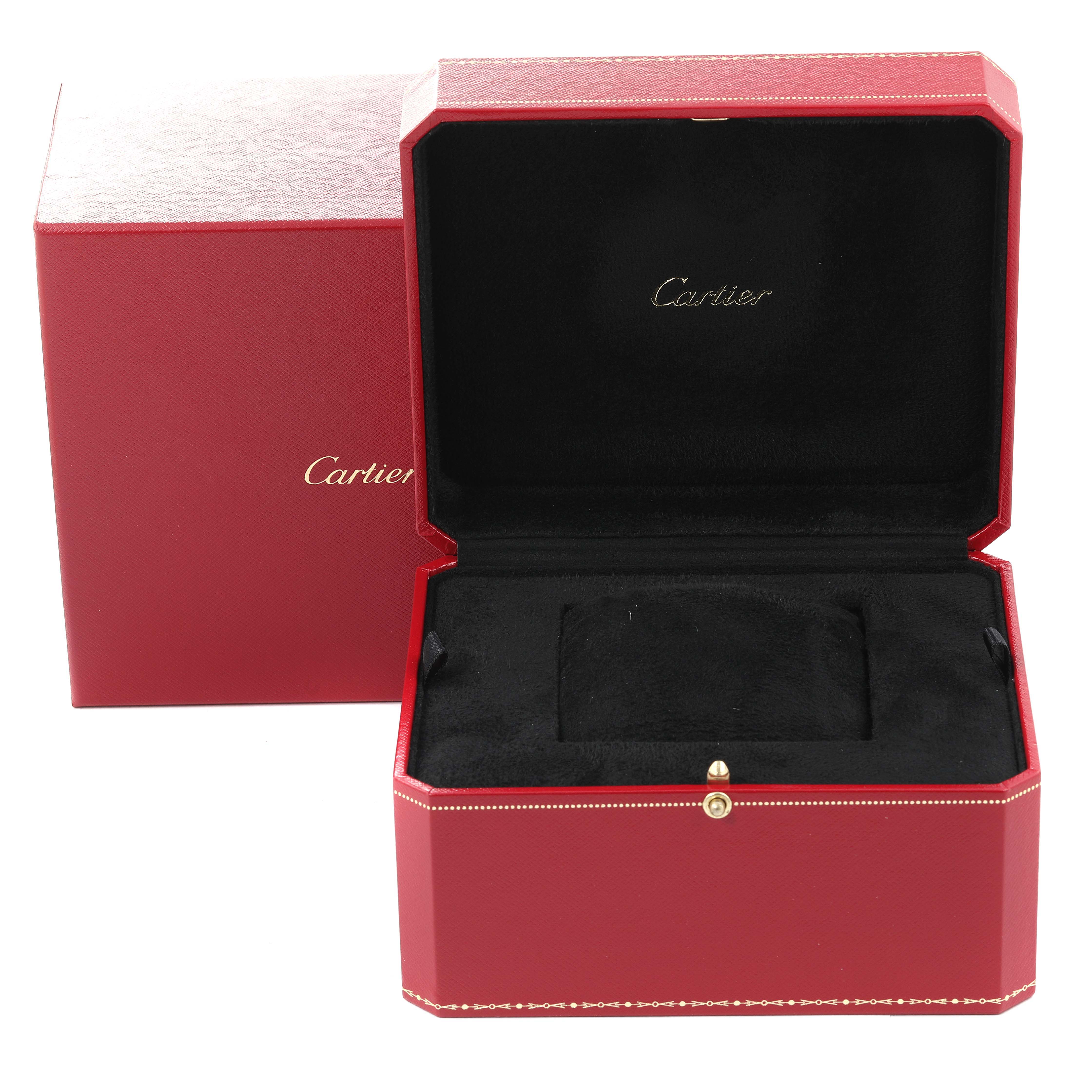 This image shows the open watch box for a Cartier Tank Solo W5200026 Men's Rose Gold Silver Dial W5200026 Men's Rose Gold Silver Dial model, revealing its black and red interior.