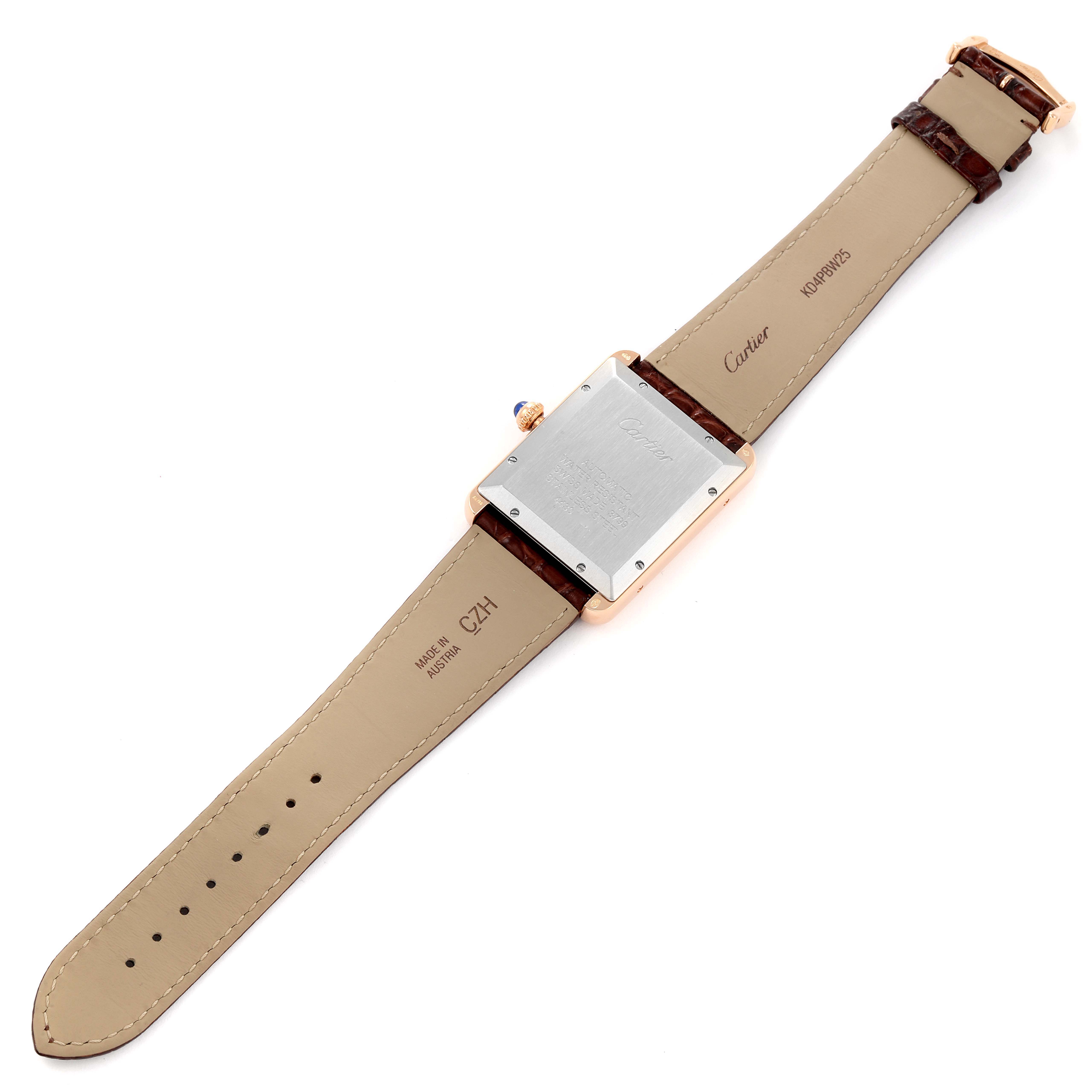 The image shows the back view of a Cartier Tank Solo W5200026 Men's Rose Gold Silver Dial W5200026 Men's Rose Gold Silver Dial watch, highlighting its strap, case back, and buckle.