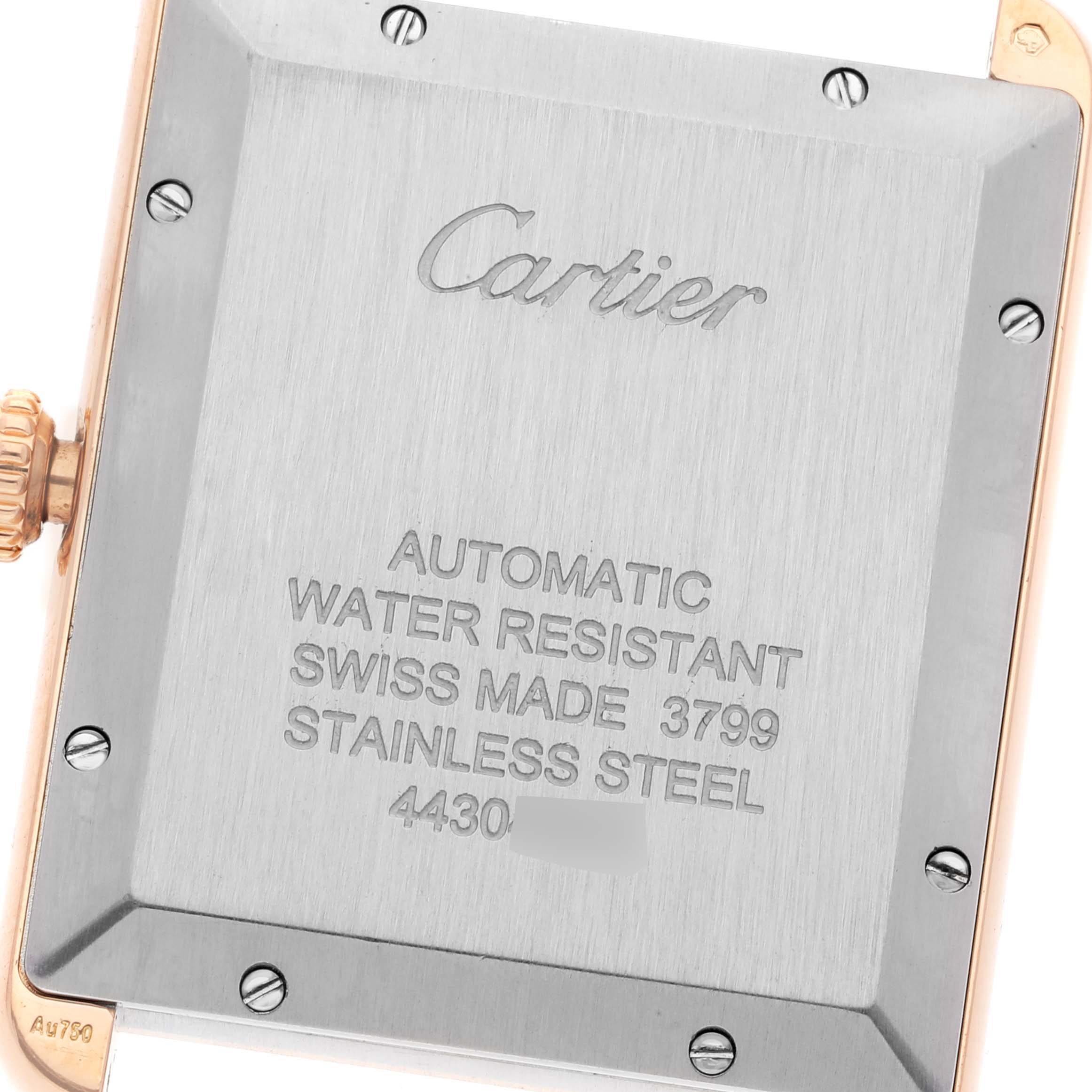 This image shows the back case of a Cartier Tank Solo W5200026 Men's Rose Gold Silver Dial W5200026 Men's Rose Gold Silver Dial watch, highlighting its specifications and brand engraving.