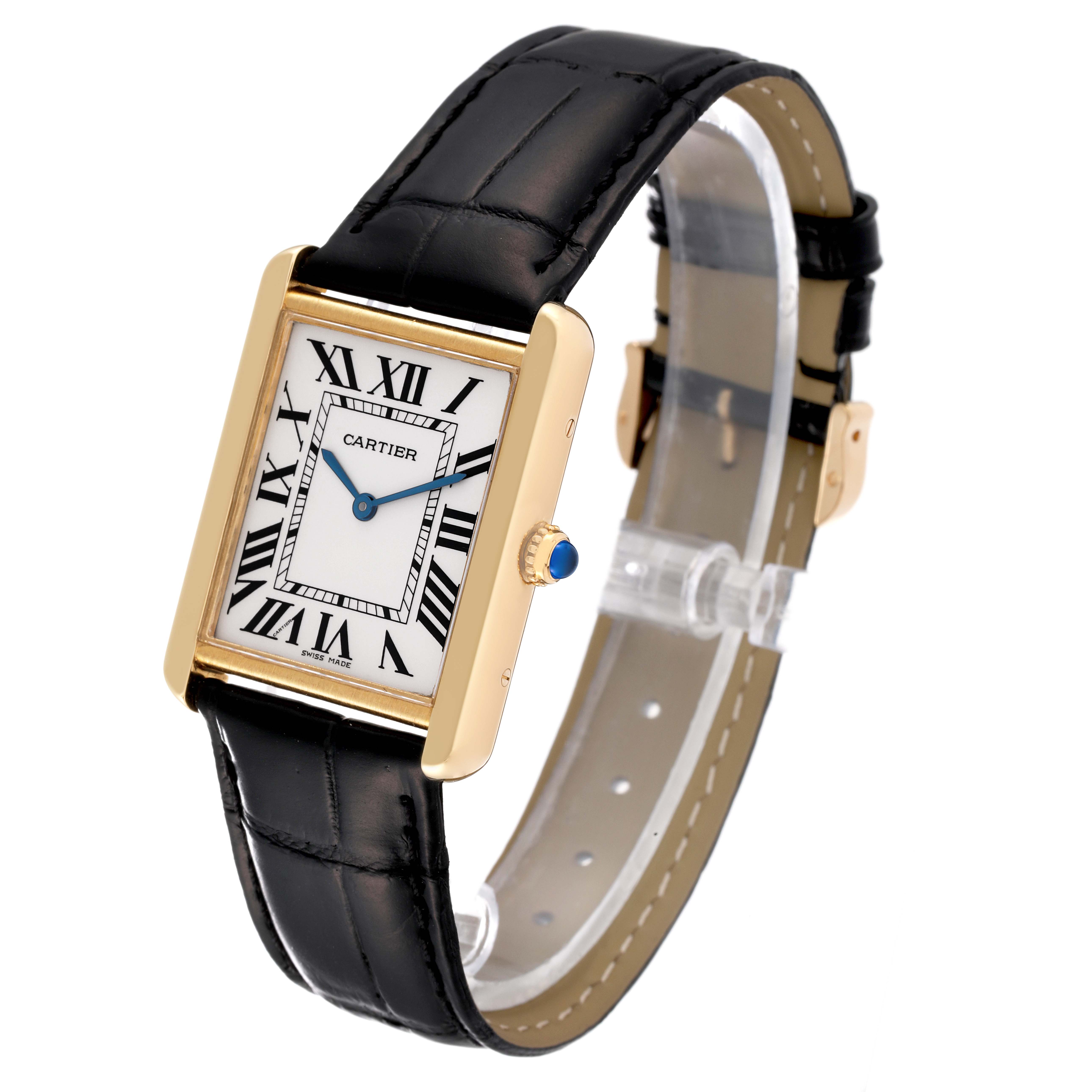 The Cartier Tank Solo W1018855 Men
s Steel and Gold (two tone) Silver Dial W1018855 Men
s Steel and Gold (two tone) Silver Dial watch is shown at an angle displaying the face, crown, and black leather strap.