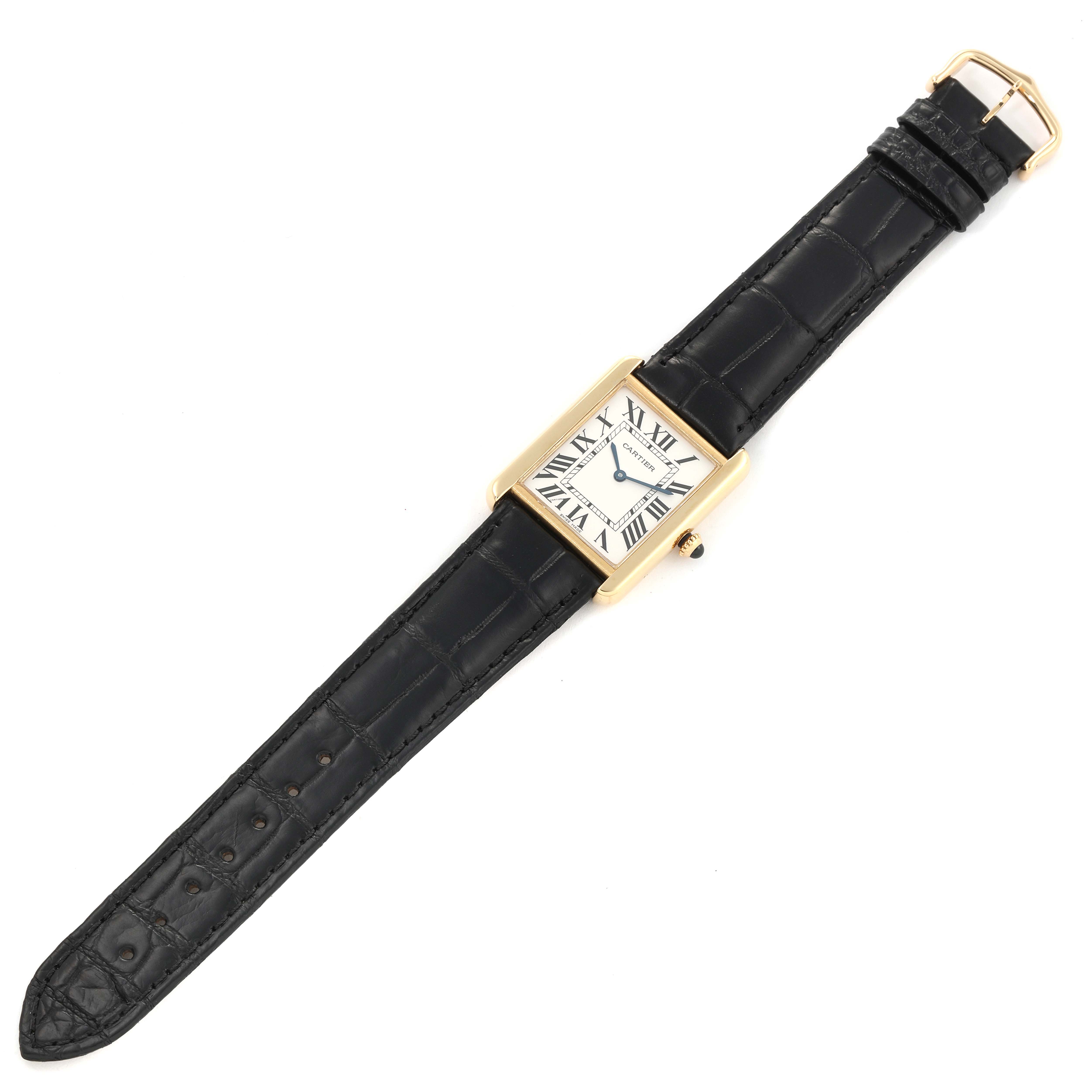 The Cartier Tank Solo W1018855 Men
s Steel and Gold (two tone) Silver Dial W1018855 Men
s Steel and Gold (two tone) Silver Dial watch is displayed flat, showing the entire face, black leather strap, and gold case.