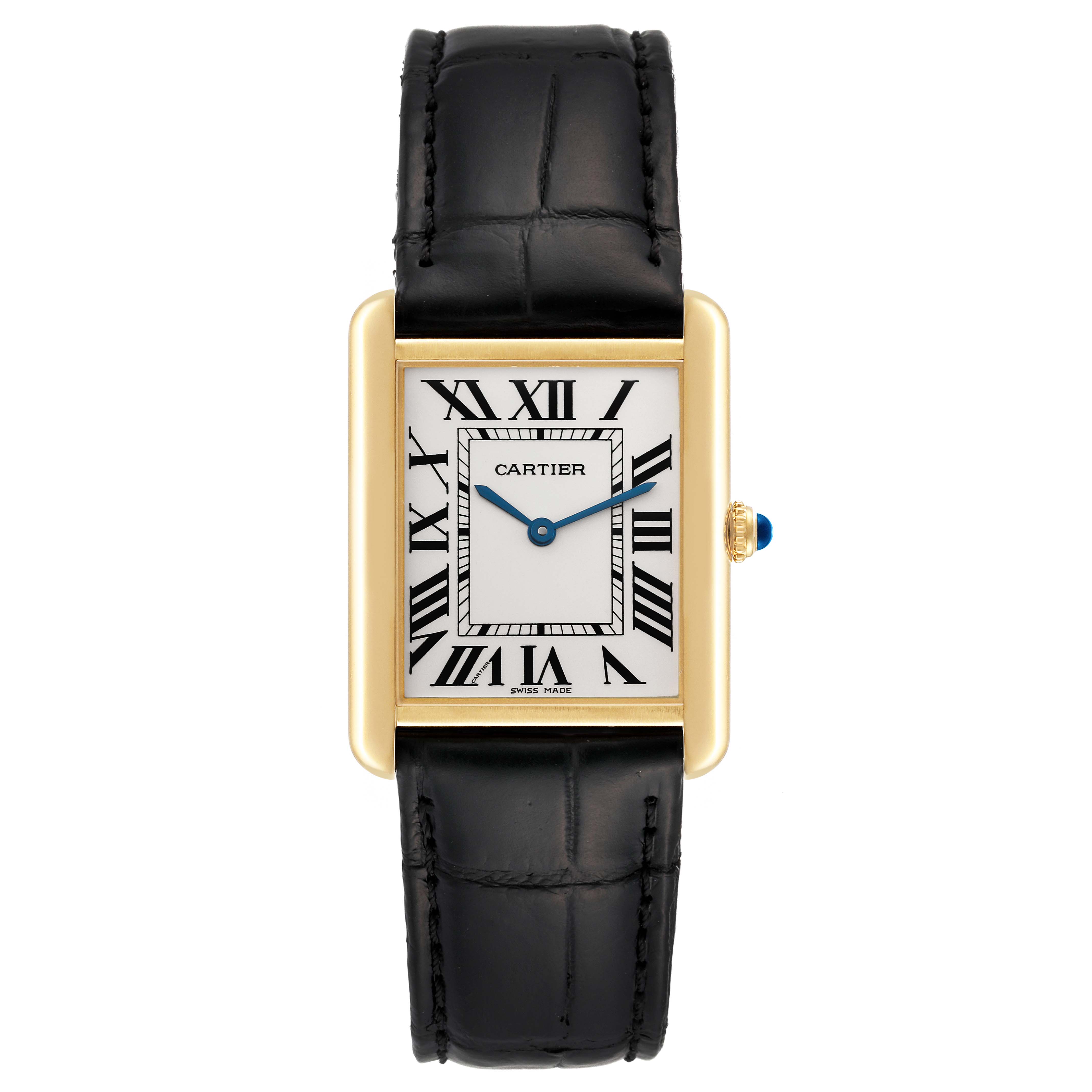 This is a head-on view of the Cartier Tank Solo W1018855 Men
s Steel and Gold (two tone) Silver Dial W1018855 Men
s Steel and Gold (two tone) Silver Dial watch showing the face, hour markers, hands, case, and strap.