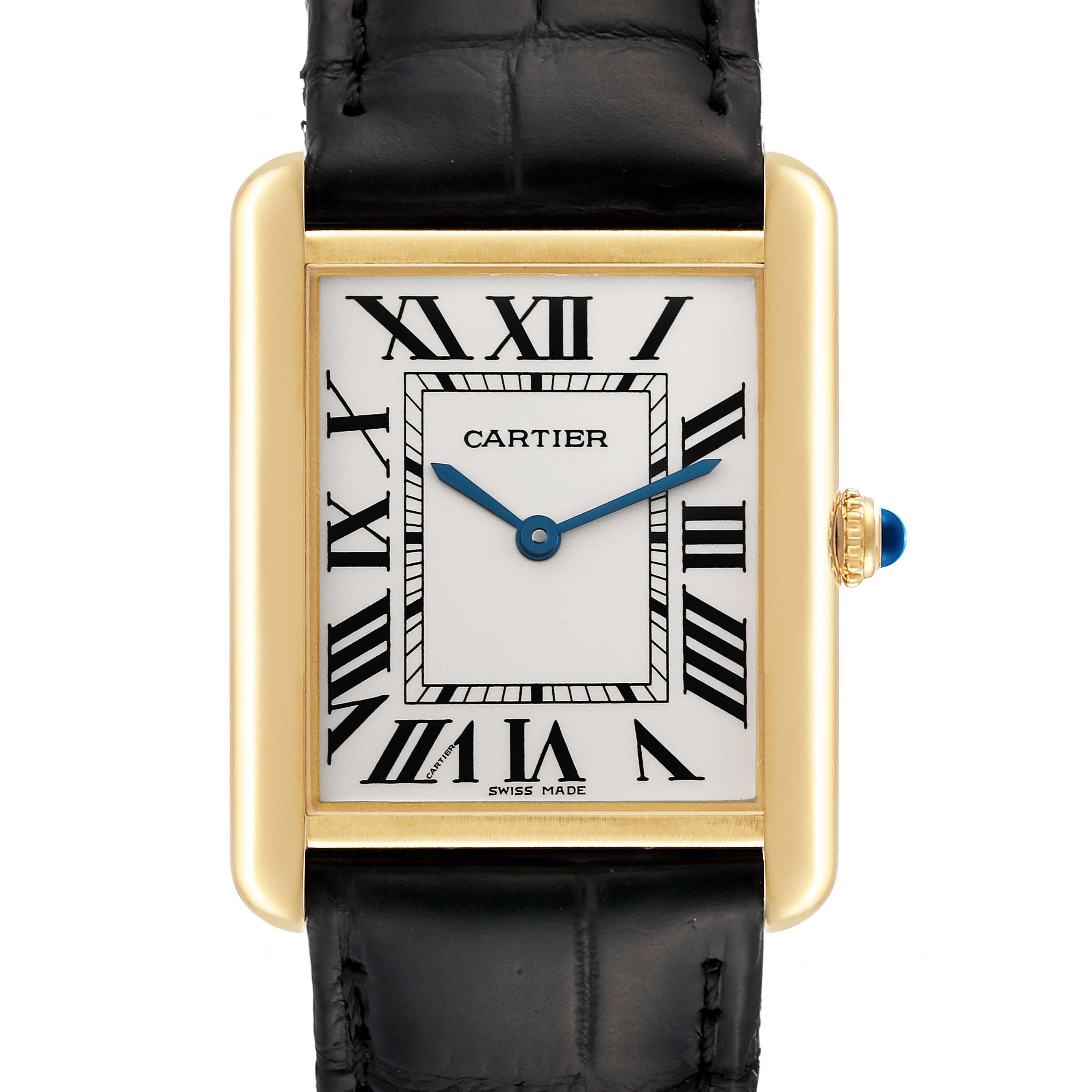 The image shows a front view of the Cartier Tank Solo W1018855 Men
s Steel and Gold (two tone) Silver Dial W1018855 Men
s Steel and Gold (two tone) Silver Dial watch featuring a gold rectangular case, Roman numeral dial, and black leather strap.