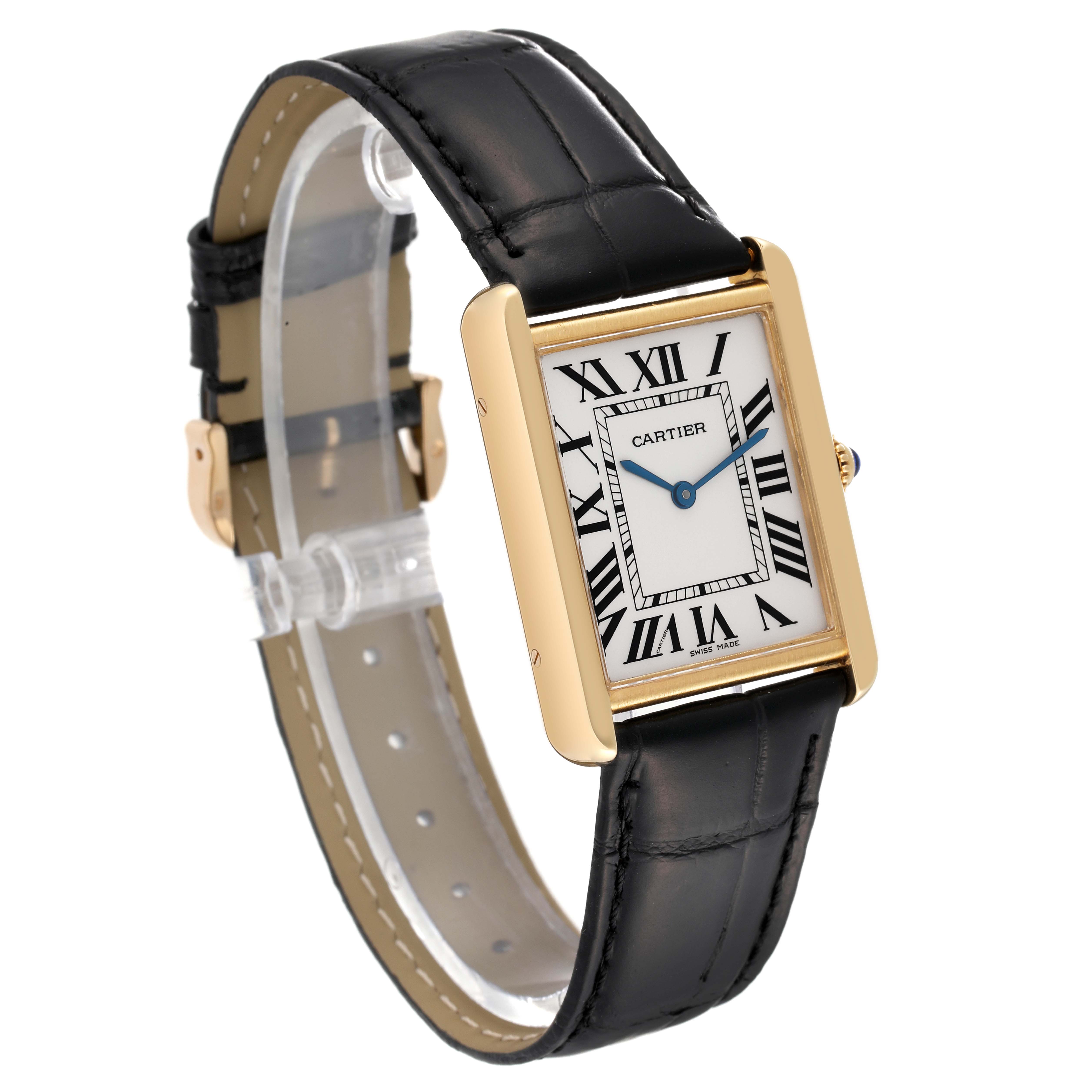 The image shows a Cartier Tank Solo W1018855 Men
s Steel and Gold (two tone) Silver Dial W1018855 Men
s Steel and Gold (two tone) Silver Dial watch at a 3/4 angle, displaying its face, rectangular gold case, black leather strap, and blue hands.