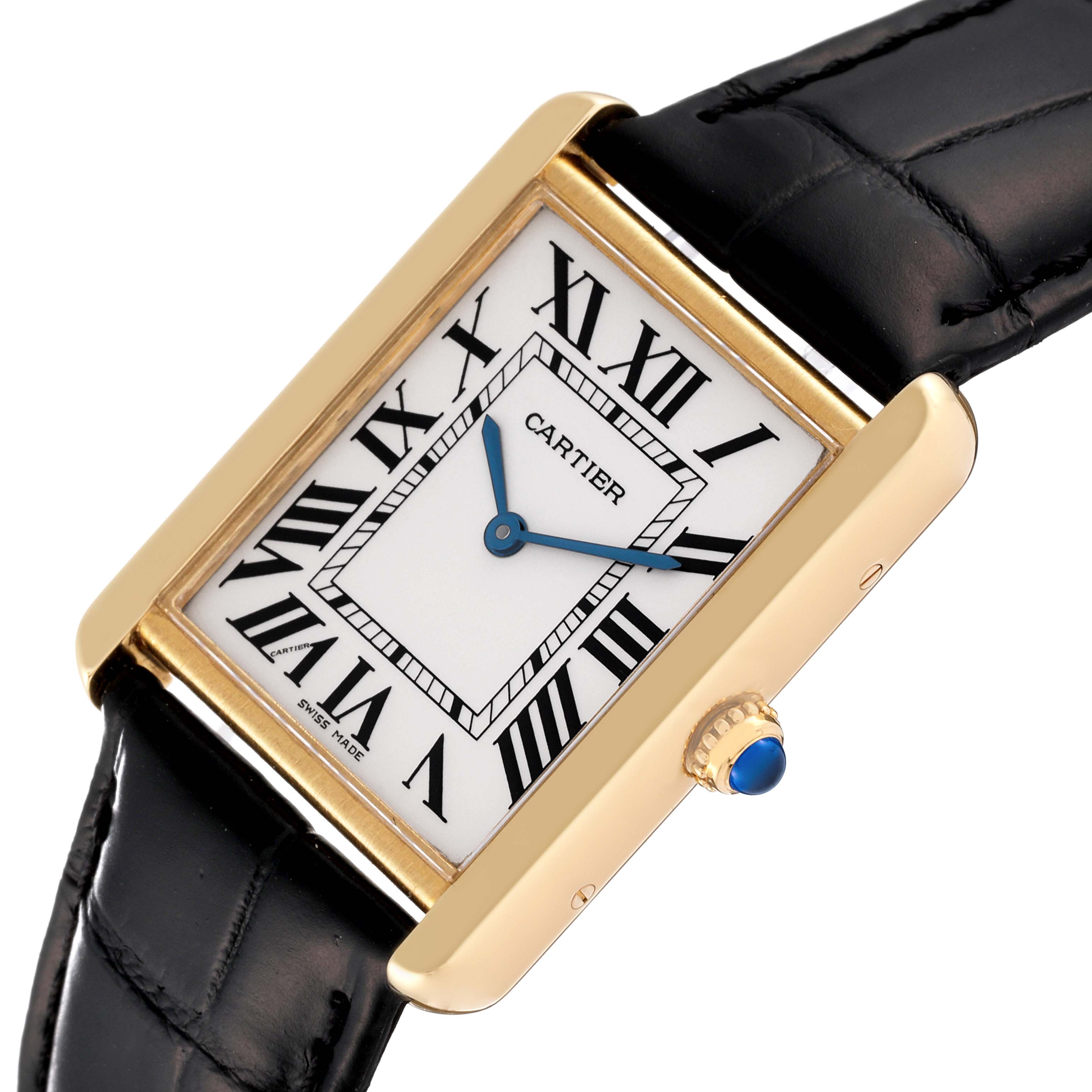 The image shows a Cartier Tank Solo W1018855 Men
s Steel and Gold (two tone) Silver Dial W1018855 Men
s Steel and Gold (two tone) Silver Dial watch from an angled top view, highlighting the face, case, crown, and part of the leather strap.
