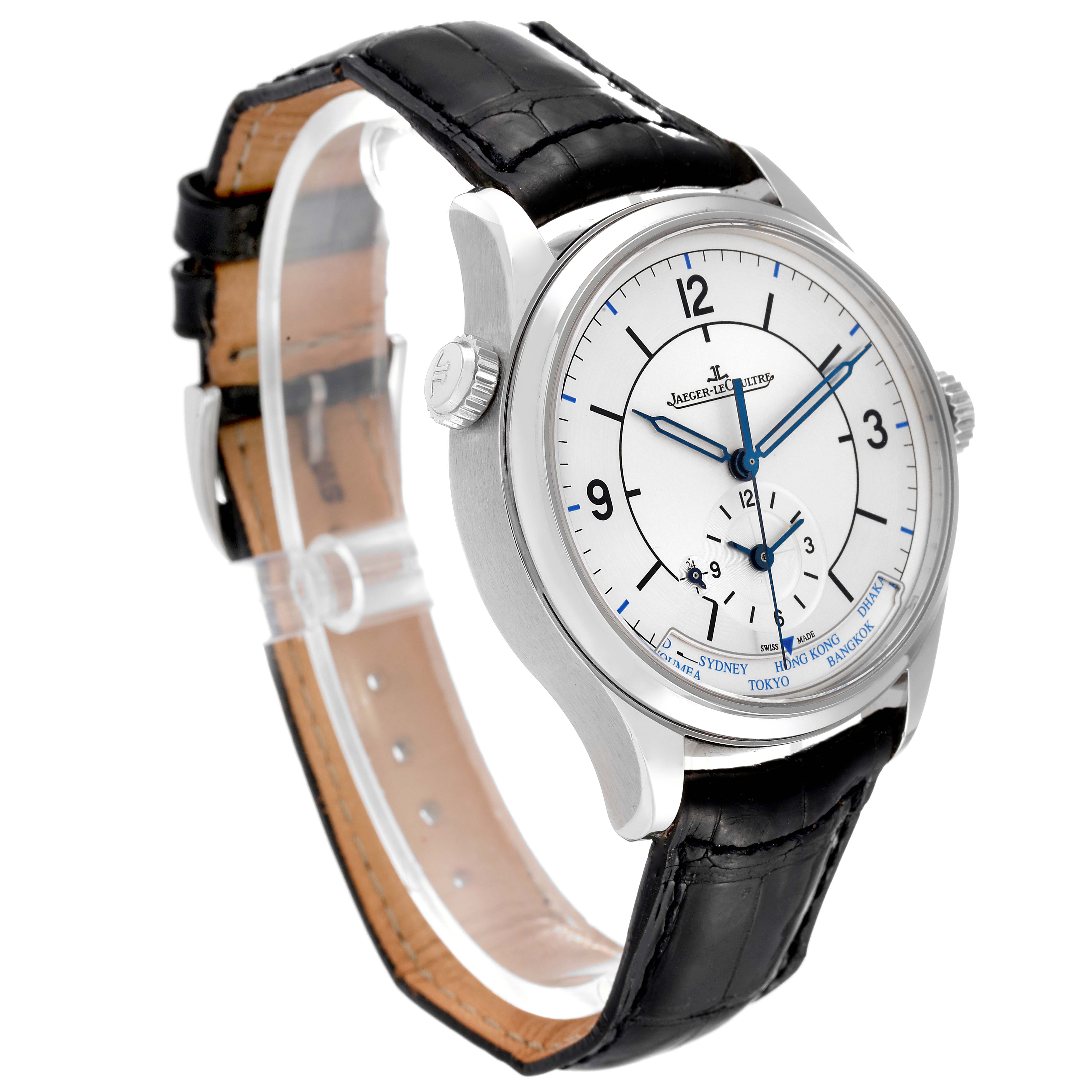 The Jaeger-LeCoultre Master model watch is shown at a three-quarter angle, highlighting its face, two crowns, and black leather strap.