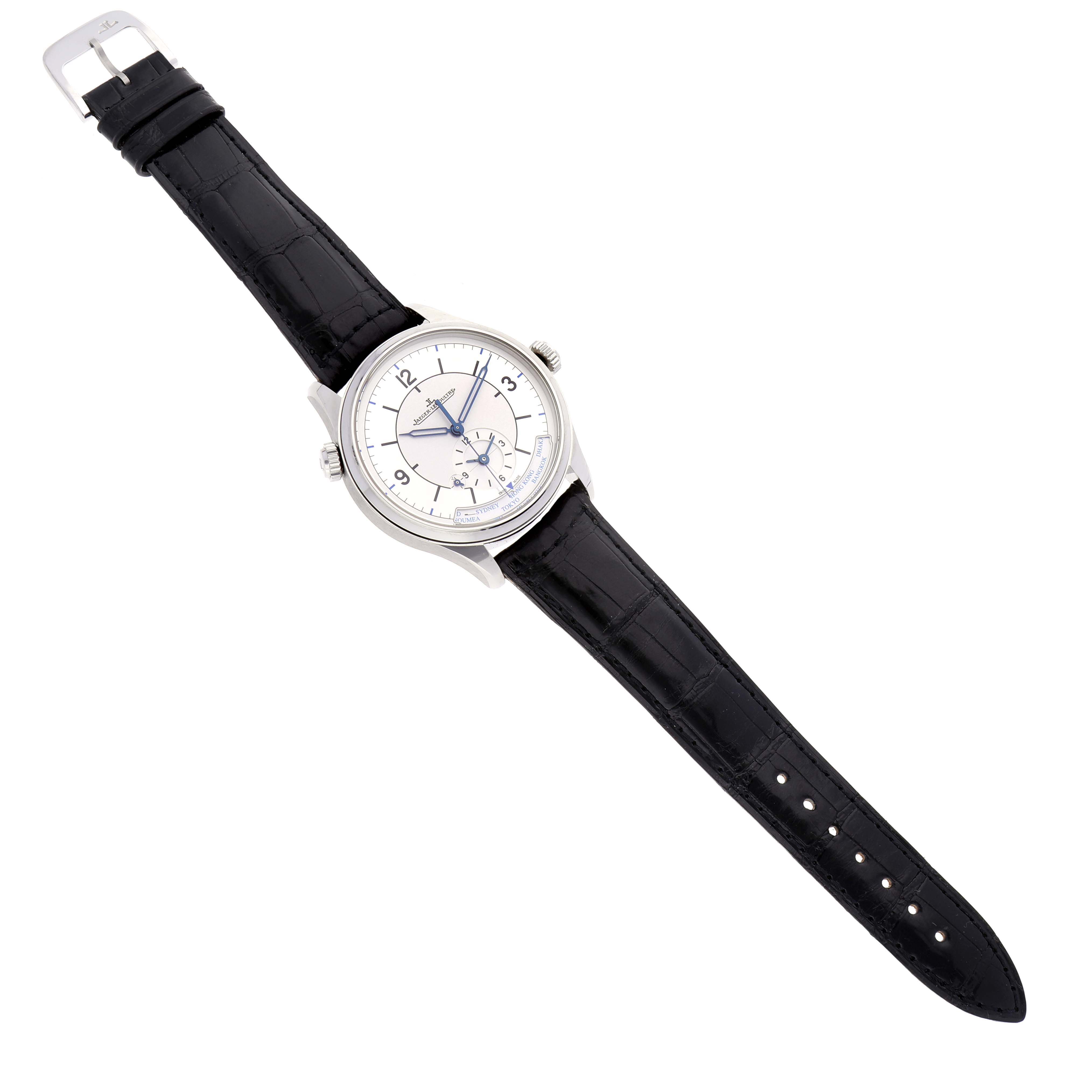 The image shows an overhead view of a Jaeger-LeCoultre Master model watch with a black leather strap and a silver dial.