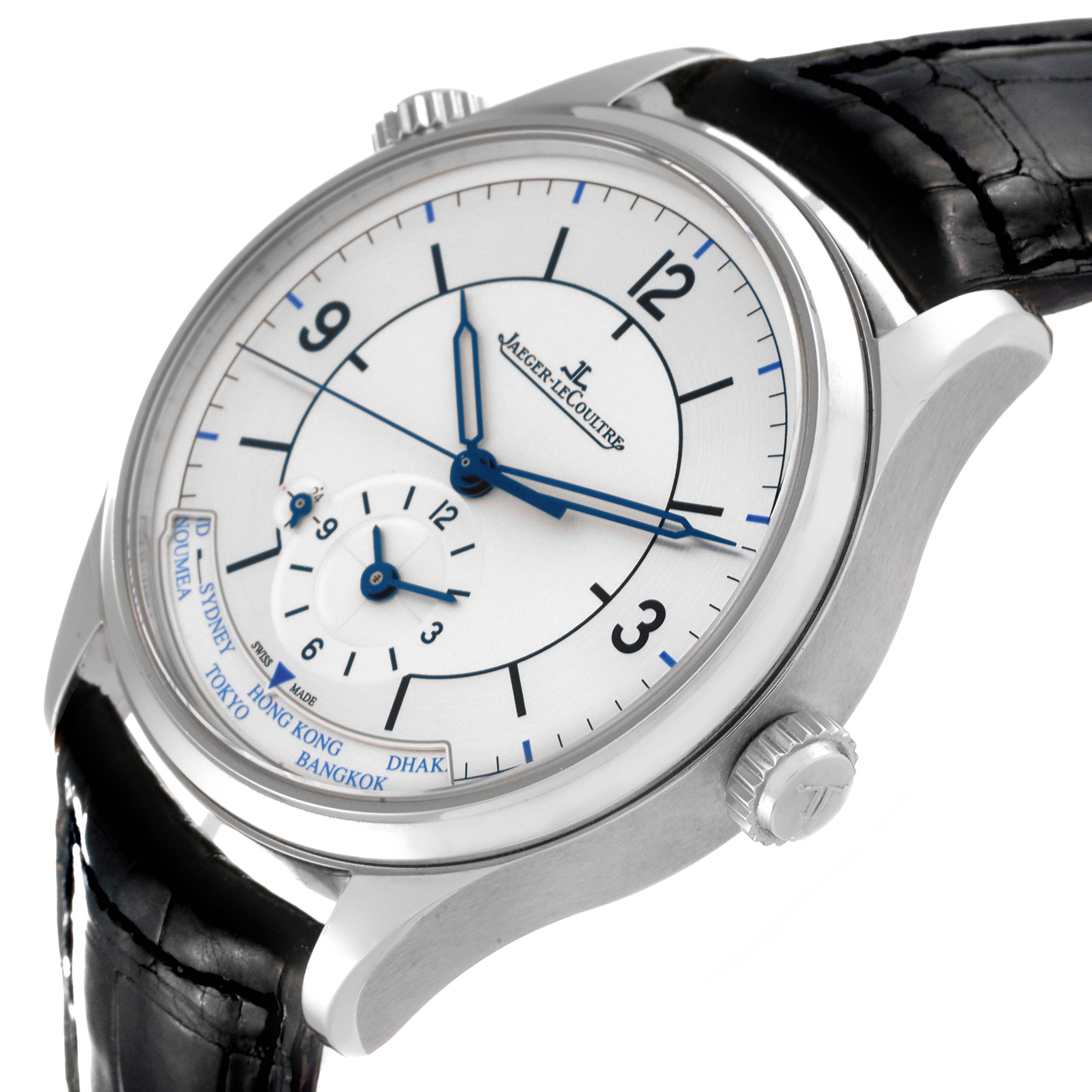 The Jaeger-LeCoultre Master model watch is shown at a slight angle, displaying its white dial, blue hands, and black leather strap.