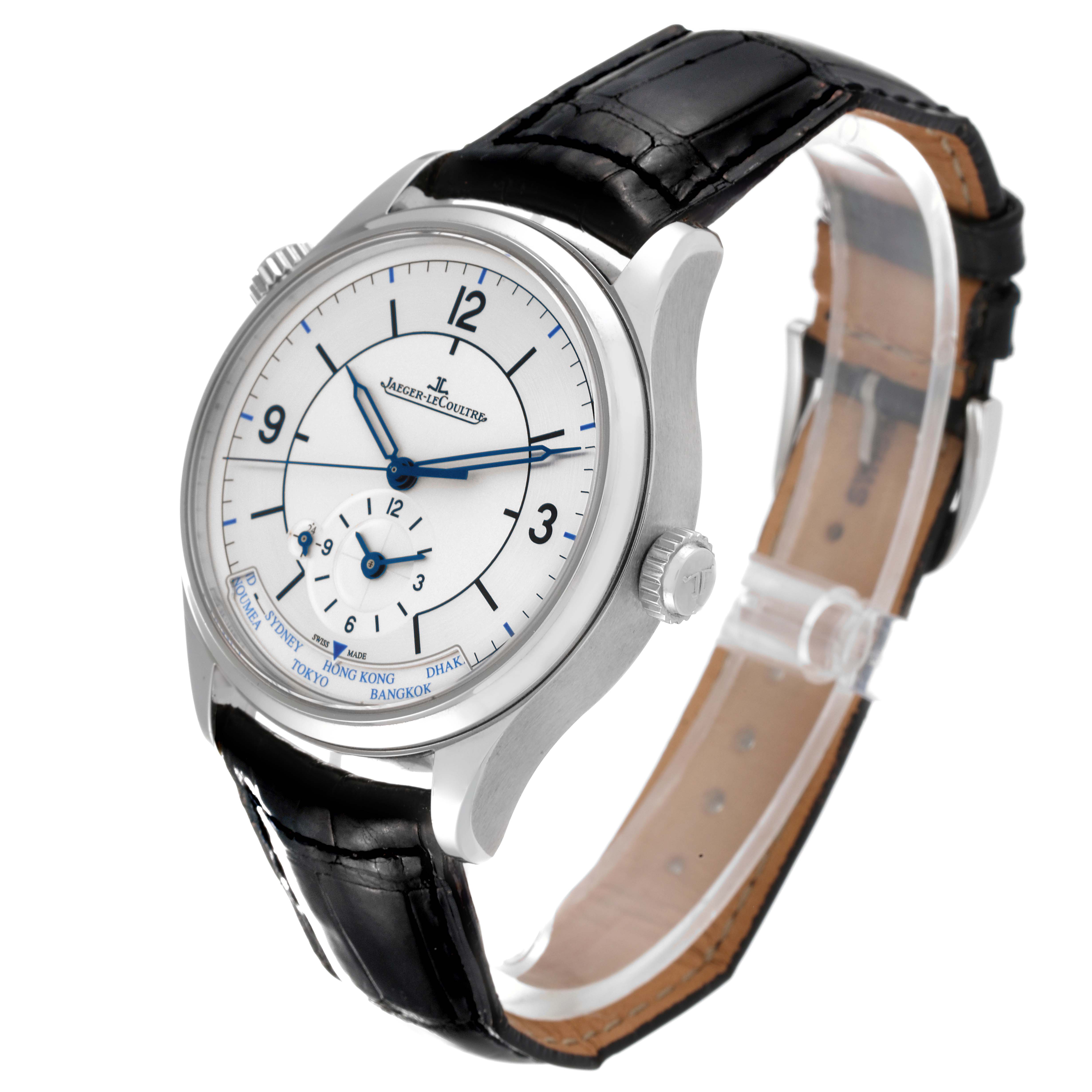 The Jaeger-LeCoultre Master watch is shown at a slight angle, highlighting the face, hands, and black leather strap.