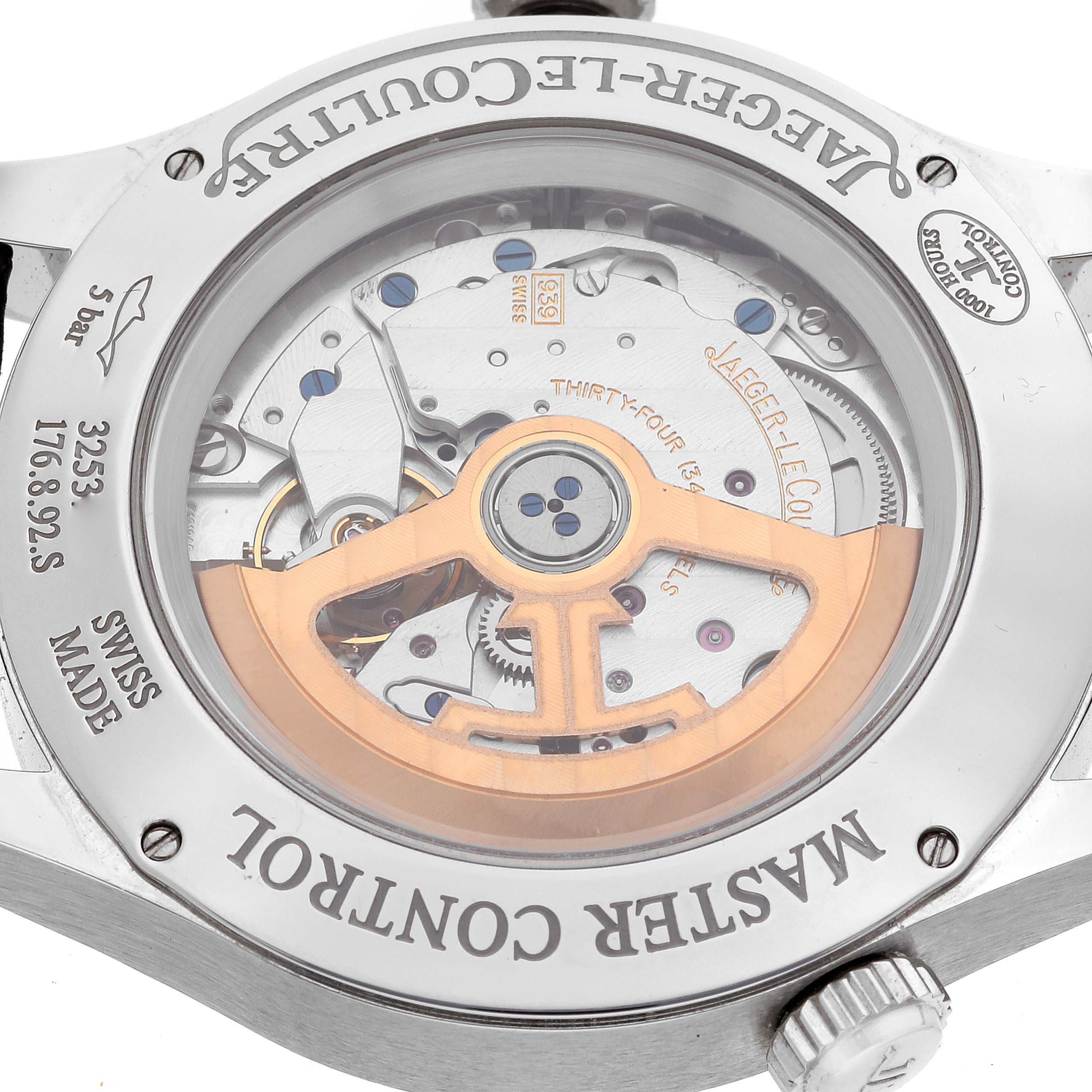 The image shows the back view of the Jaeger-LeCoultre Master model, revealing its movement and internal mechanisms.