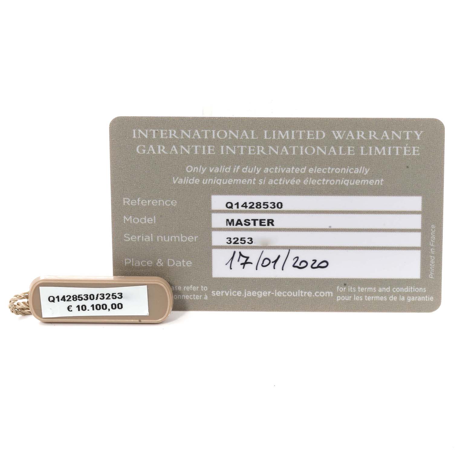 The image shows the warranty card and price tag for the Jaeger LeCoultre Master Q1428530 Men's Stainless Steel Silver Dial Q1428530 Men's Stainless Steel Silver Dial model watch, displaying reference, model, and serial numbers.
